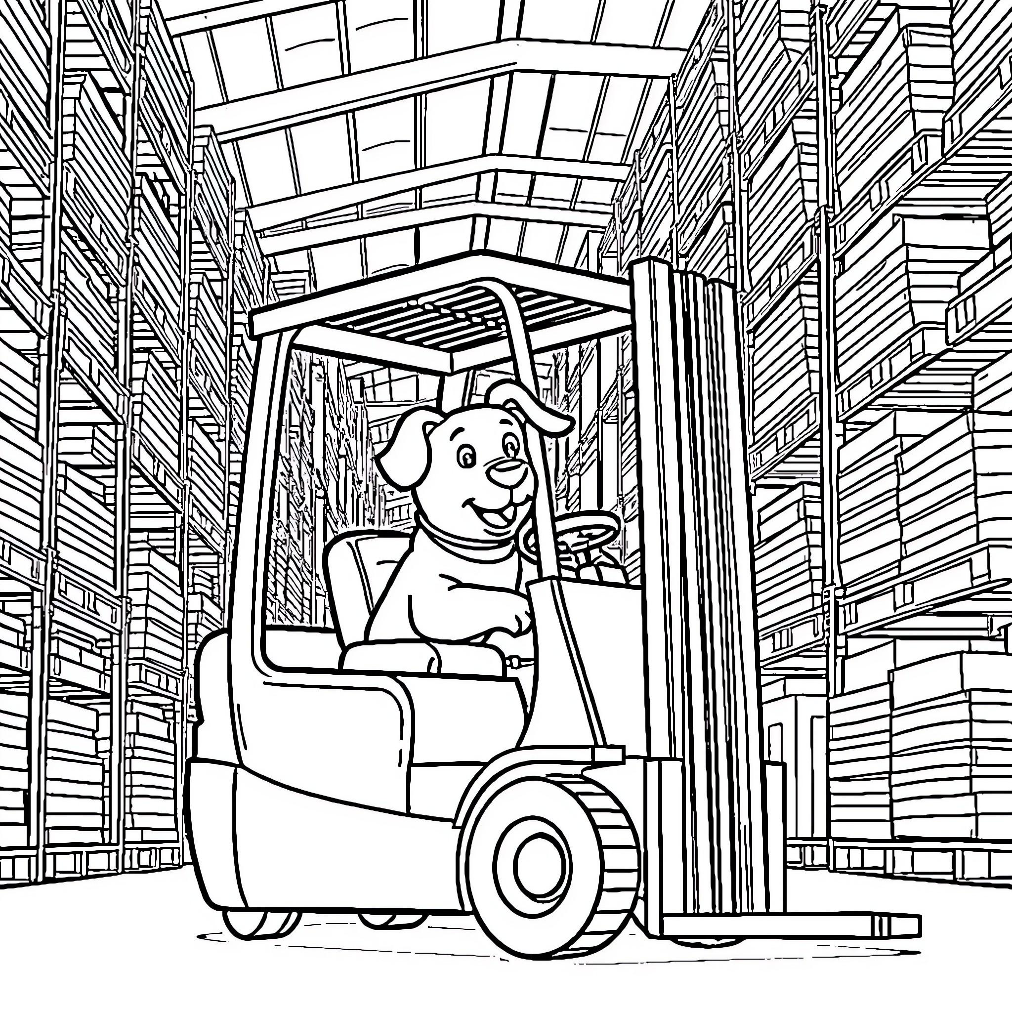 Dog Operating Forklift in Warehouse Coloring Page (free black-and-white line drawing printable PDF for all, from beginners to advanced learners, including children, teens, adults, and seniors)