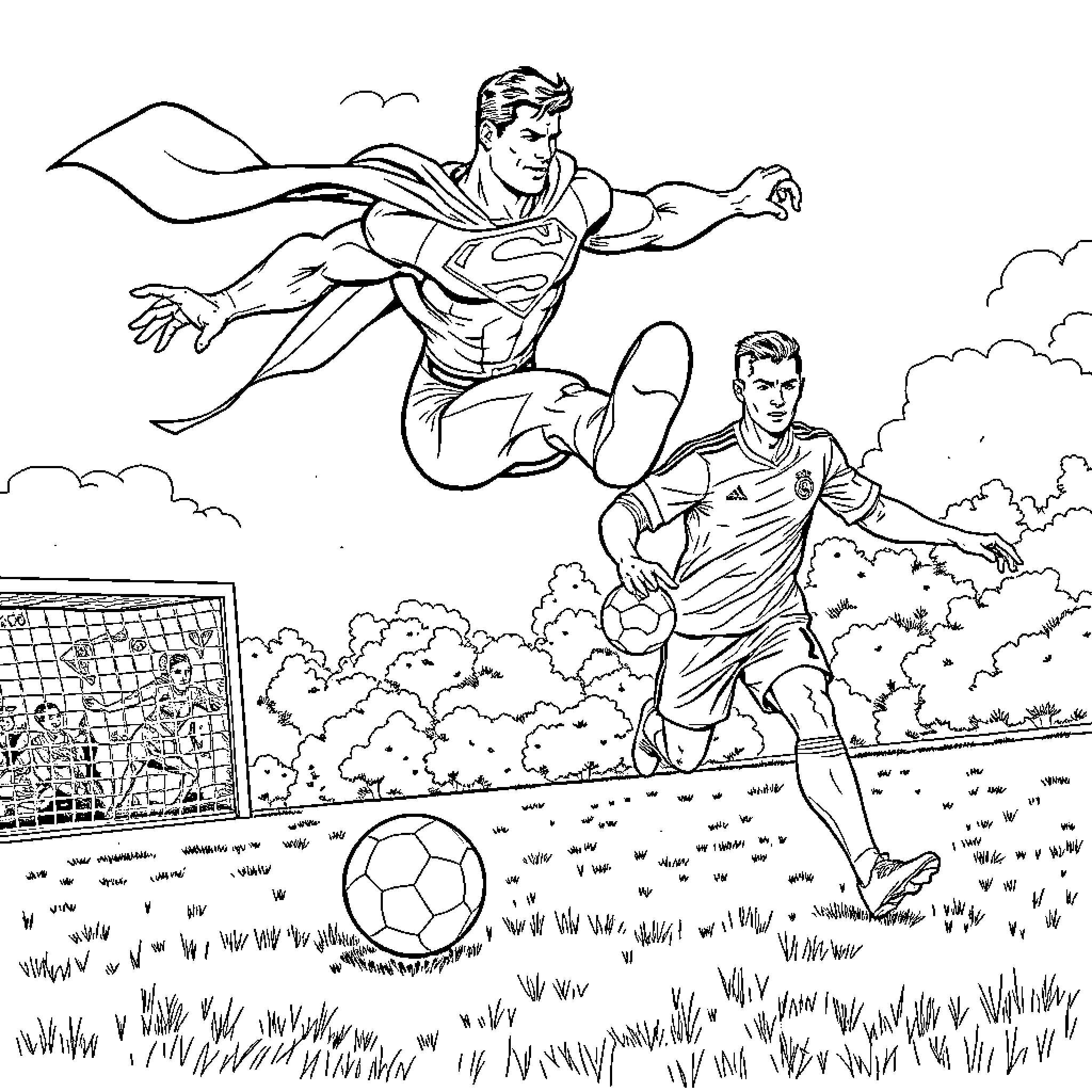 Superman Playing Soccer with Another Superhero Coloring Page (free black-and-white line drawing printable PDF for all, from beginners to advanced learners, including children, teens, adults, and seniors)