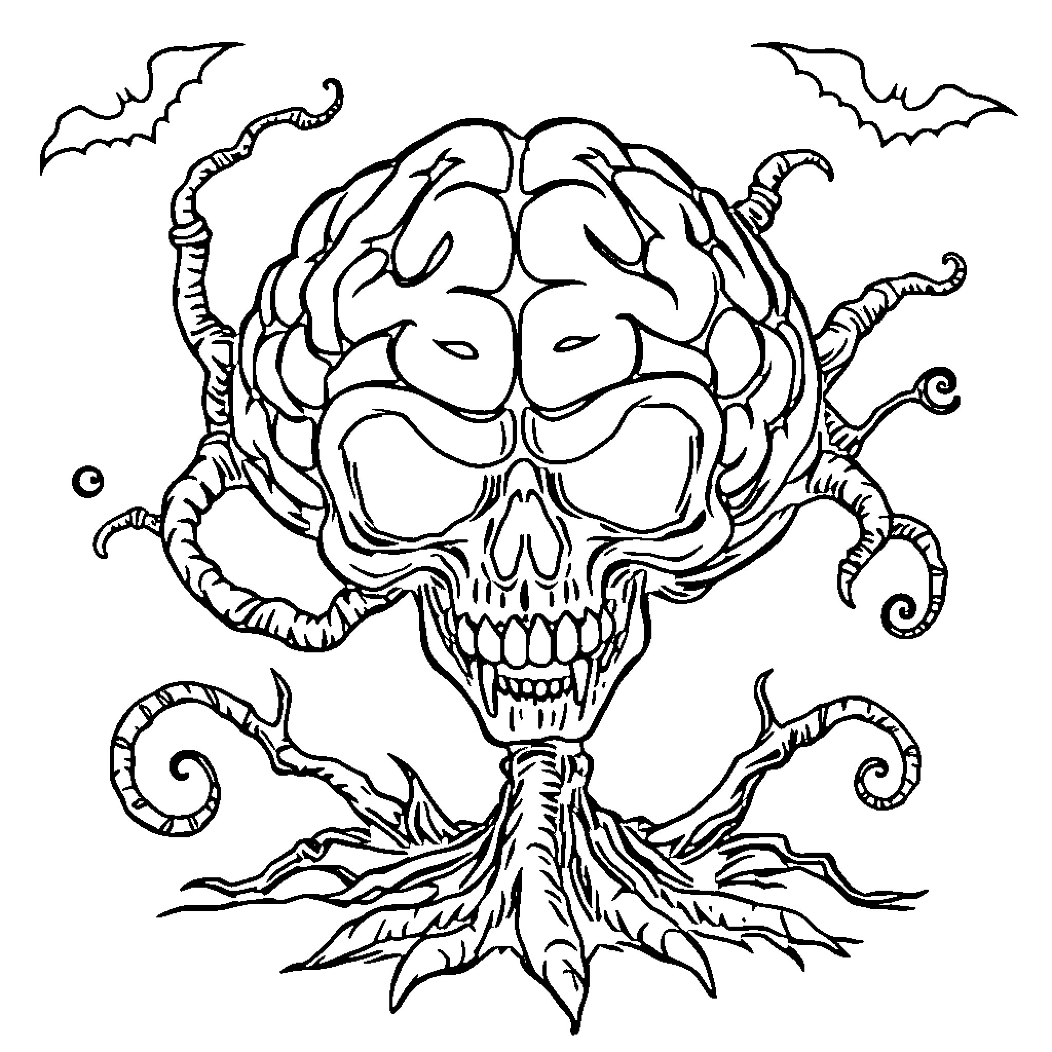 Brain Haunting with Spooky Skull and Bats Coloring Page (free black-and-white line drawing printable PDF for all, from beginners to advanced learners, including children, teens, adults, and seniors)