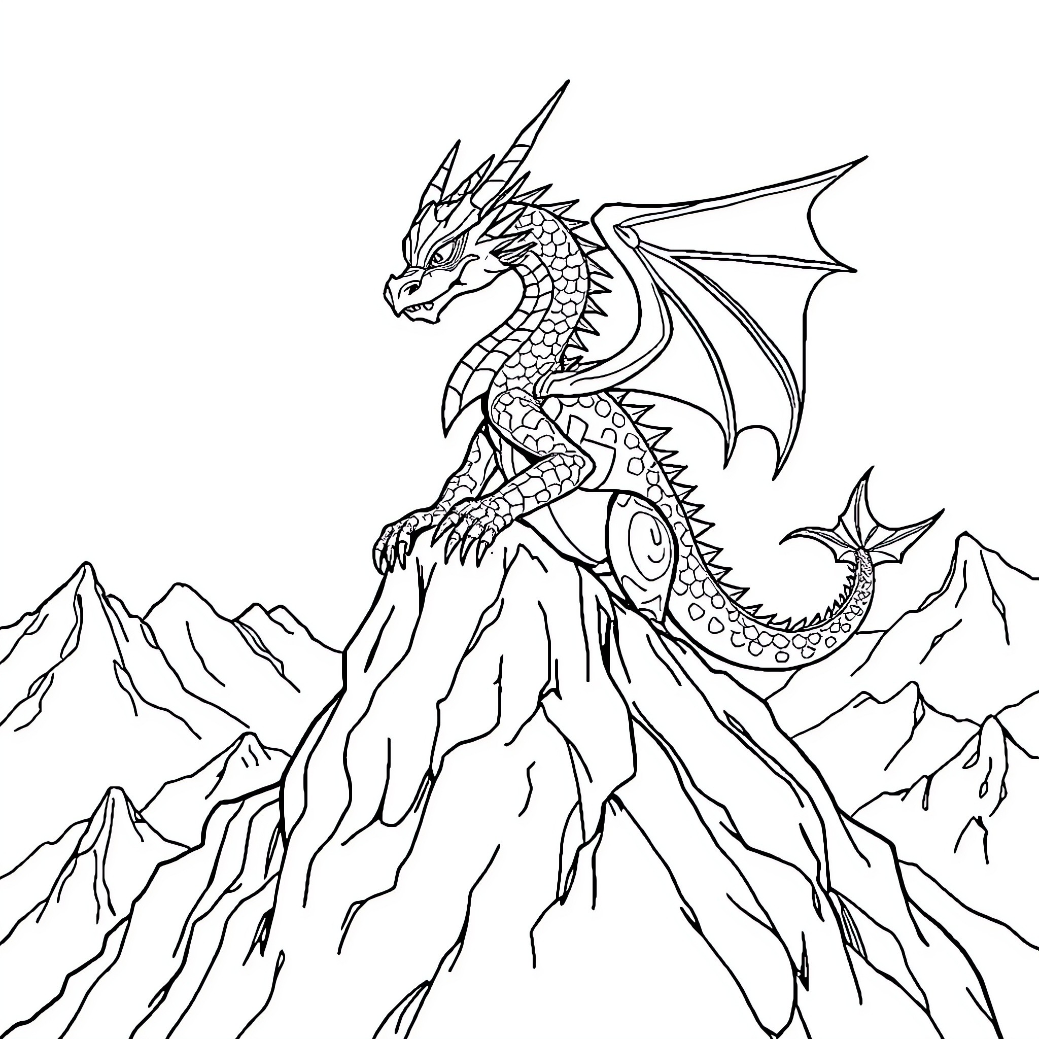 Dragon perched atop a majestic mountain range Coloring Page (free black-and-white line drawing printable PDF for all, from beginners to advanced learners, including children, teens, adults, and seniors)