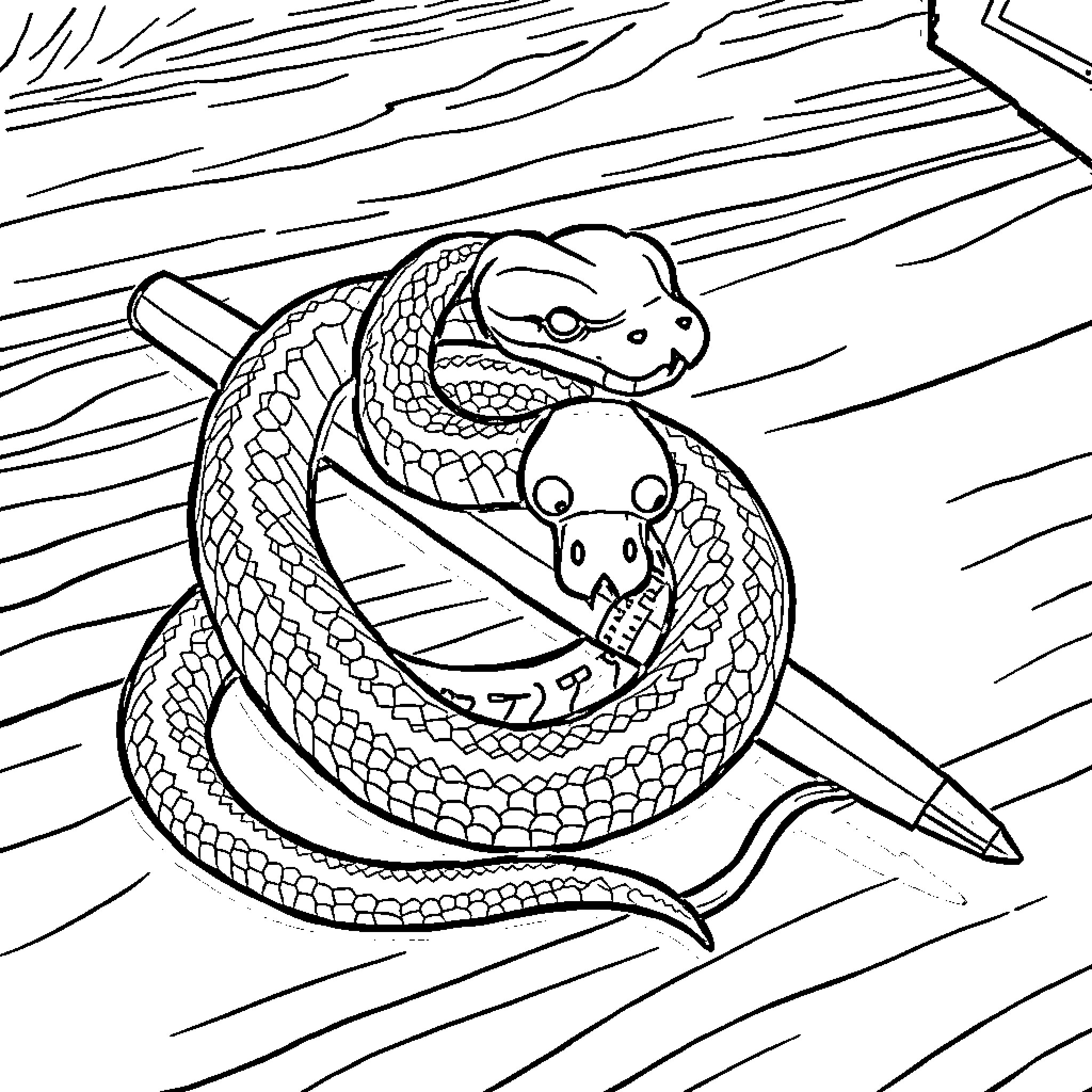 Snake coiled around pencils Coloring Page (free black-and-white line drawing printable PDF for all, from beginners to advanced learners, including children, teens, adults, and seniors)