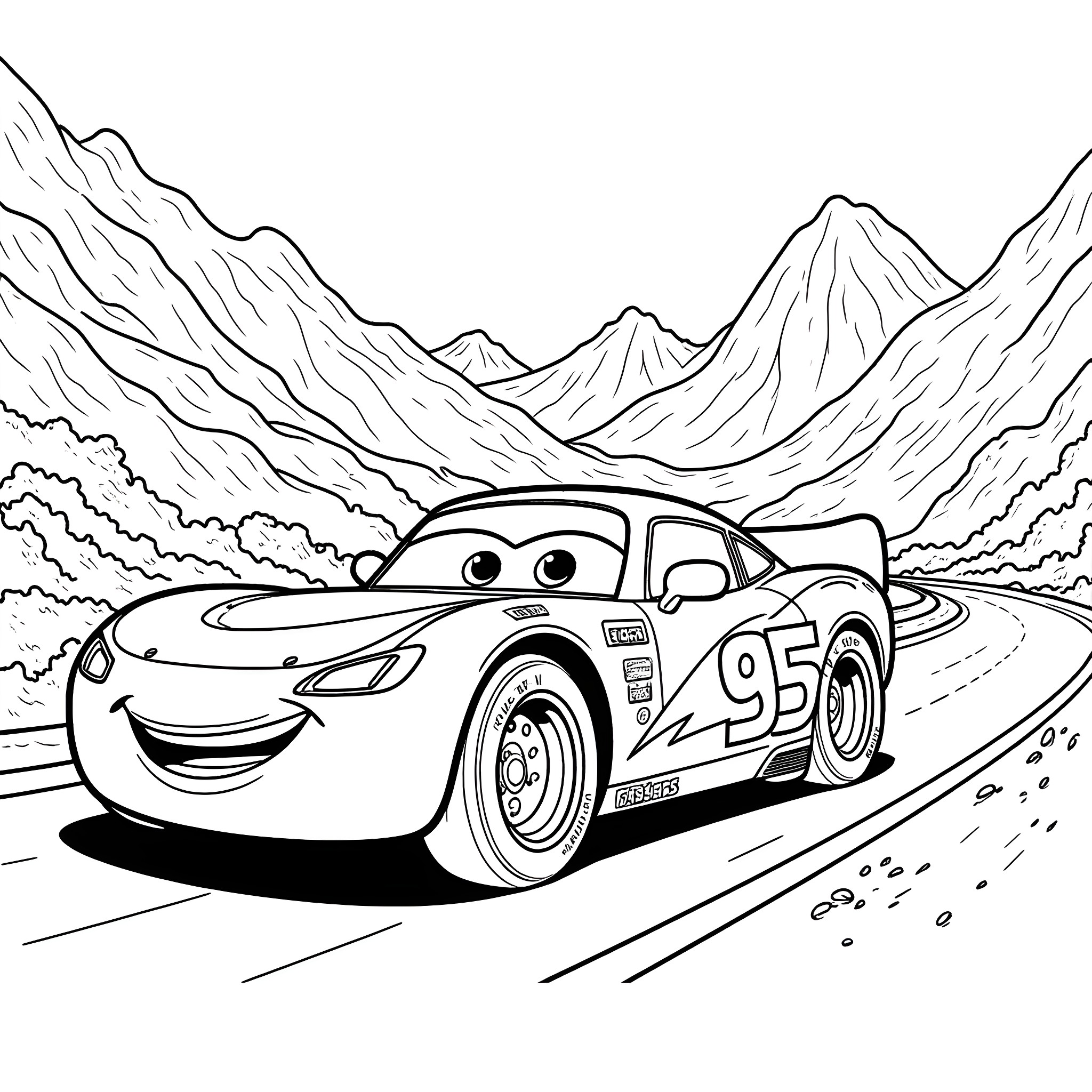 Lightning McQueen racing through the mountains Coloring Page (free black-and-white line drawing printable PDF for all, from beginners to advanced learners, including children, teens, adults, and seniors)