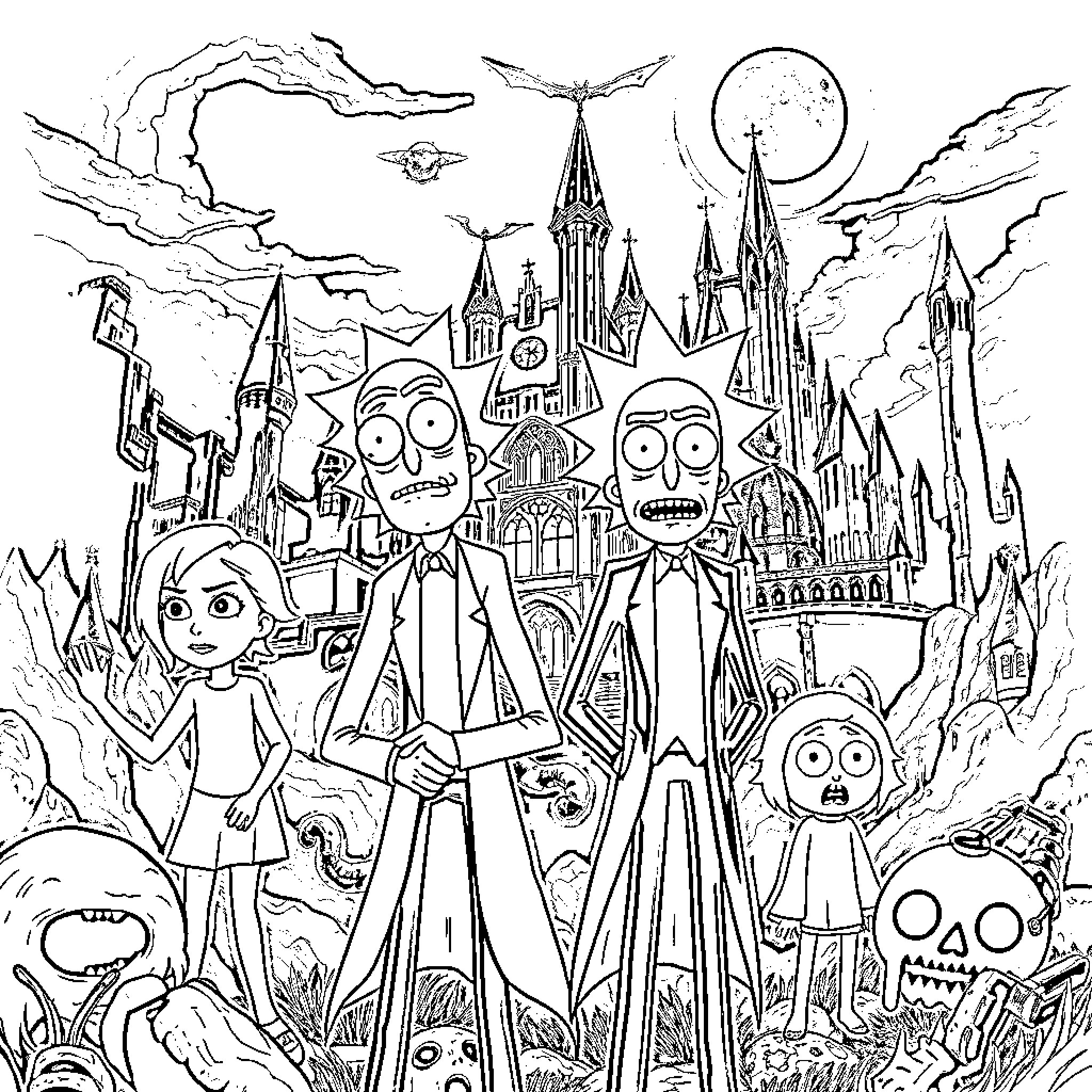 Rick And Morty Exploring a Fantastical Otherworldly Realm Coloring Page (free black-and-white line drawing printable PDF for all, from beginners to advanced learners, including children, teens, adults, and seniors)