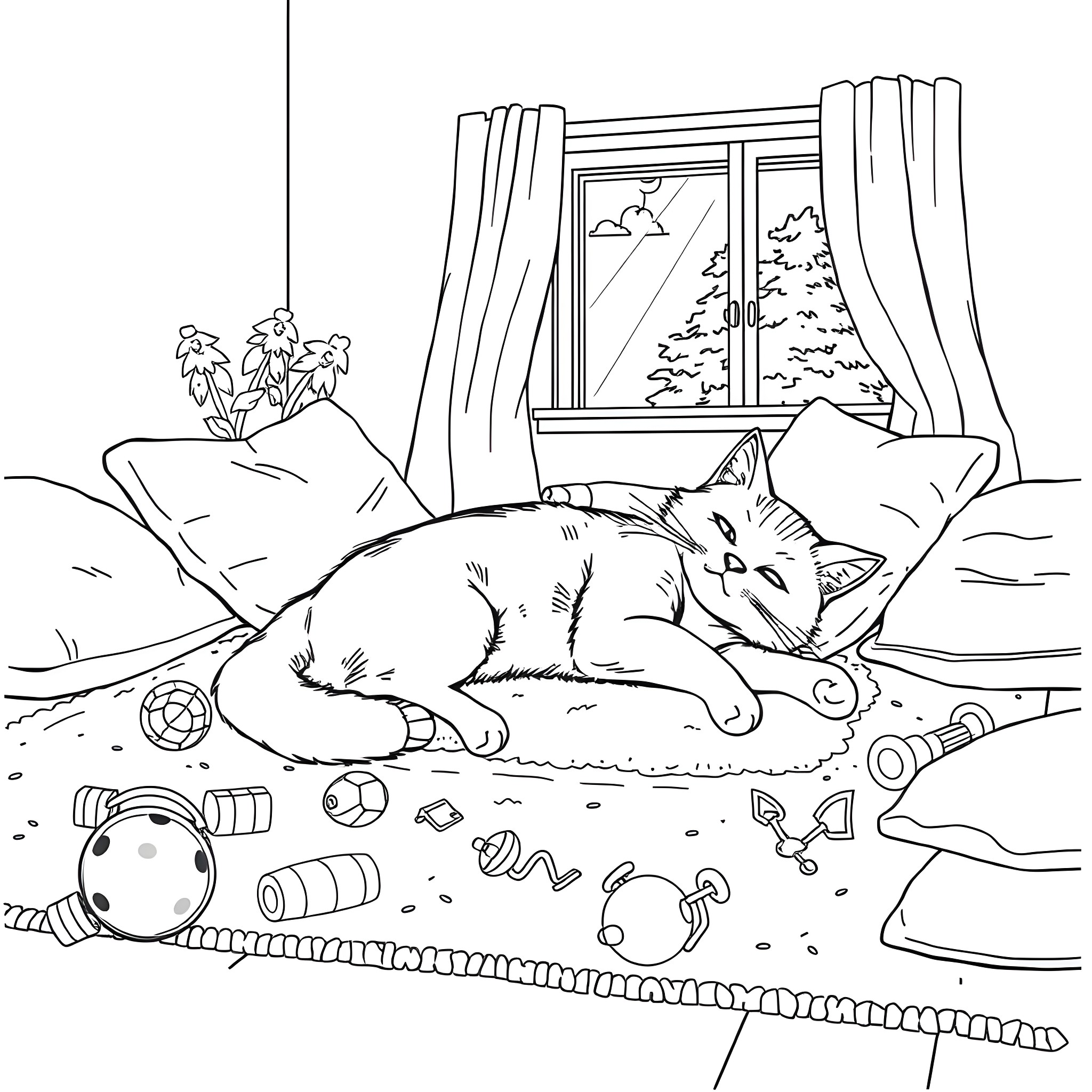 Cat napping peacefully in a cozy home interior Coloring Page (free black-and-white line drawing printable PDF for all, from beginners to advanced learners, including children, teens, adults, and seniors)