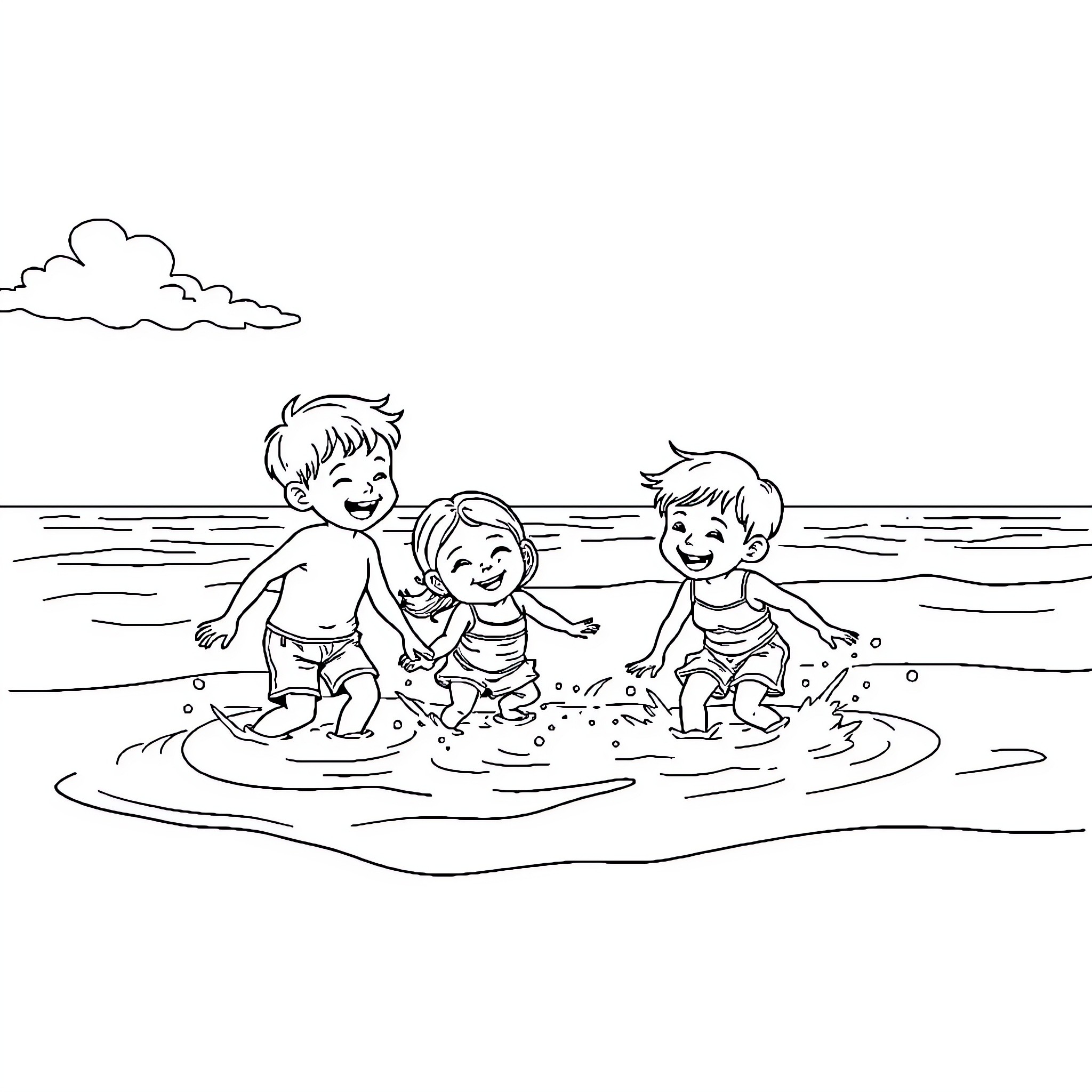 Child playing joyfully in water with friends Coloring Page (free black-and-white line drawing printable PDF for all, from beginners to advanced learners, including children, teens, adults, and seniors)