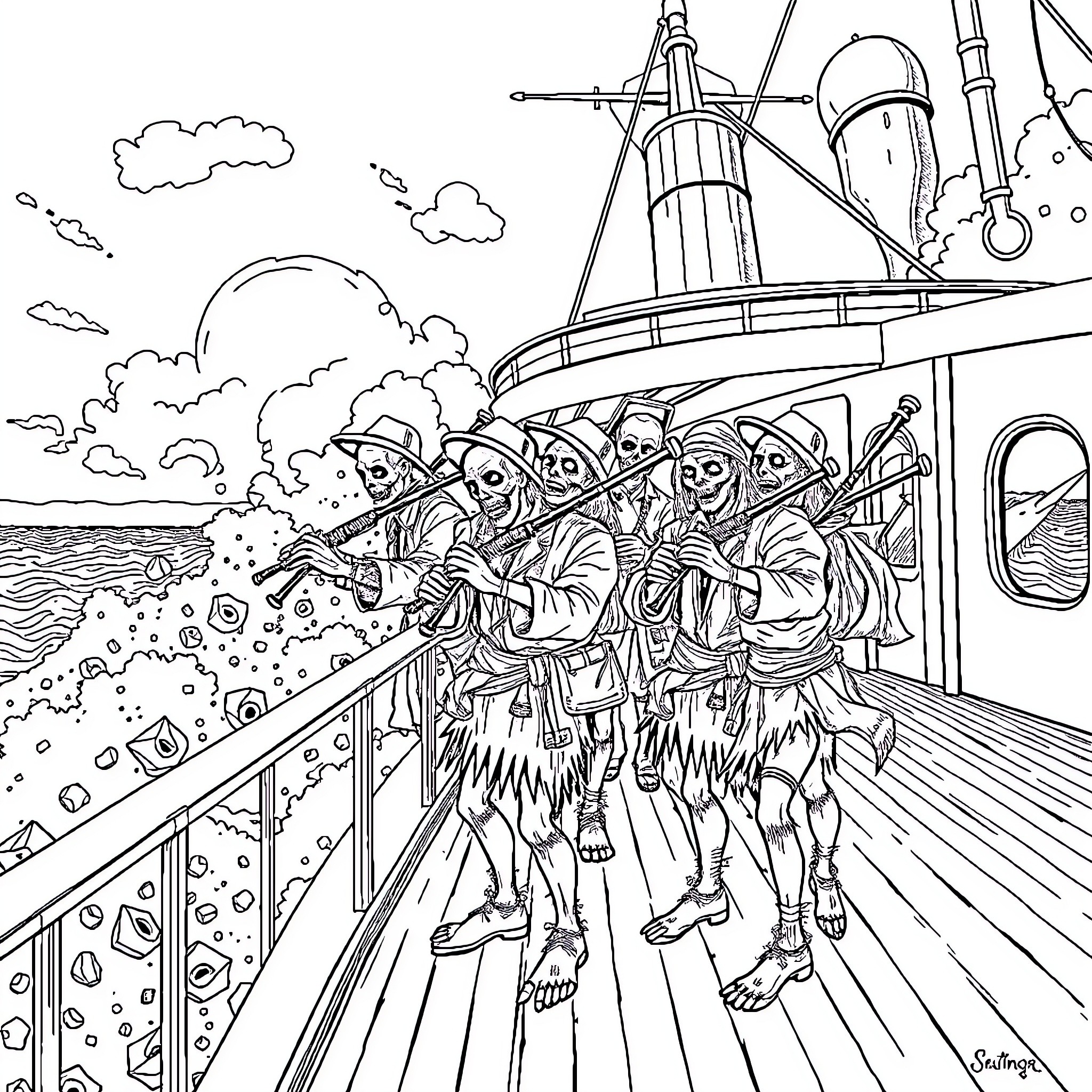Zombie Crew Sailing on a Ghostly Ship Coloring Page (free black-and-white line drawing printable PDF for all, from beginners to advanced learners, including children, teens, adults, and seniors)