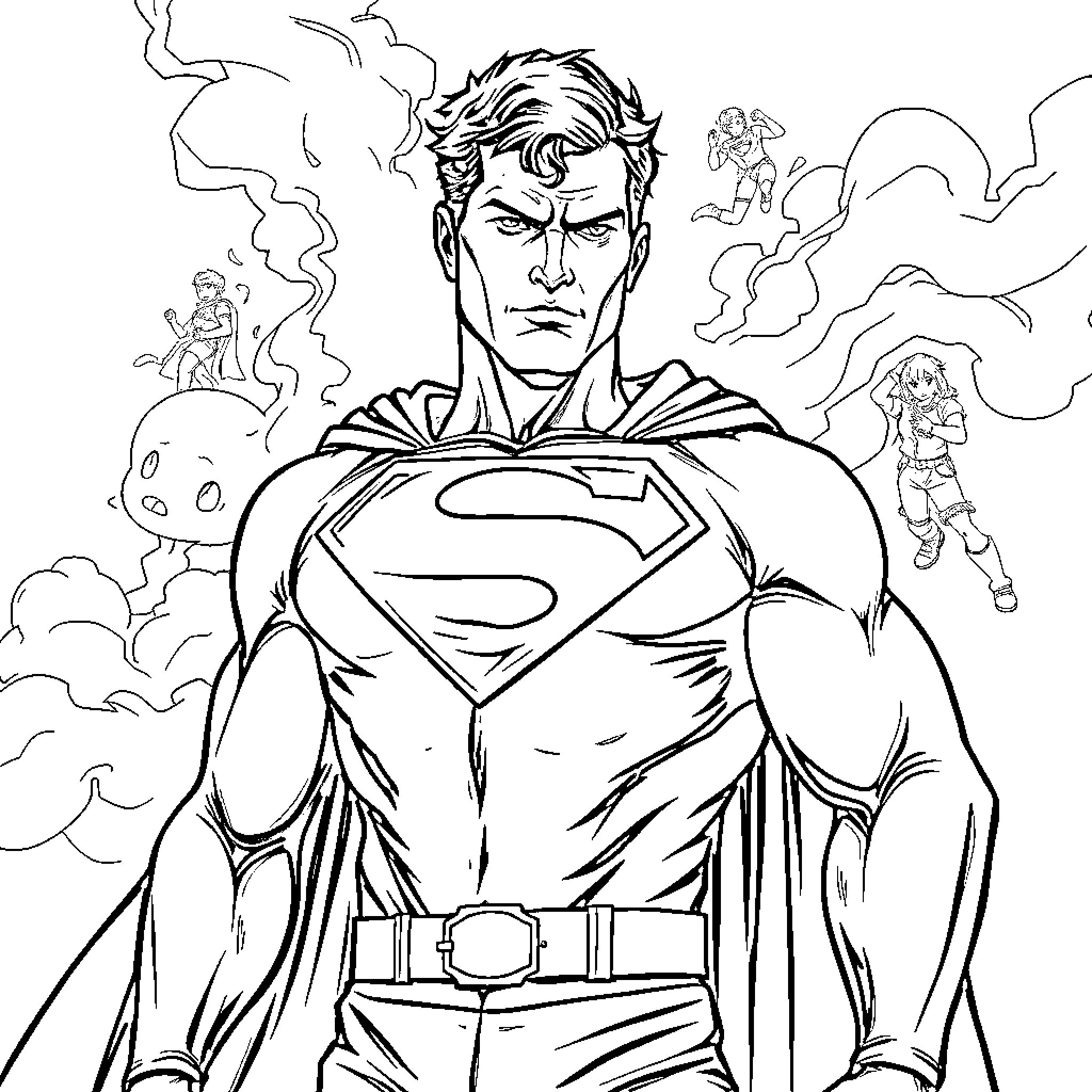 Elpidio Valdés confronting villains in heroic pose Coloring Page (free black-and-white line drawing printable PDF for all, from beginners to advanced learners, including children, teens, adults, and seniors)