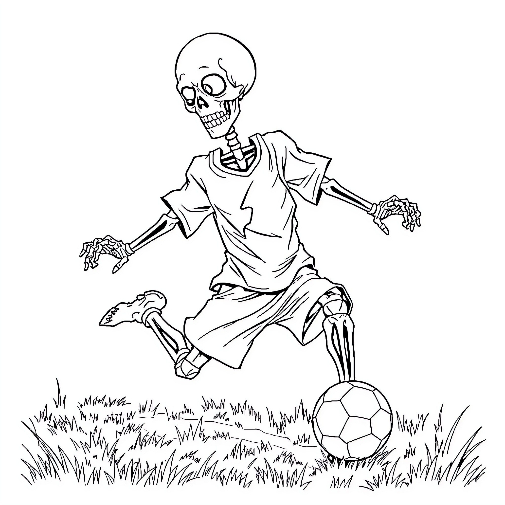 Skeleton Playing Soccer in the Grass Coloring Page (free black-and-white line drawing printable PDF for all, from beginners to advanced learners, including children, teens, adults, and seniors)