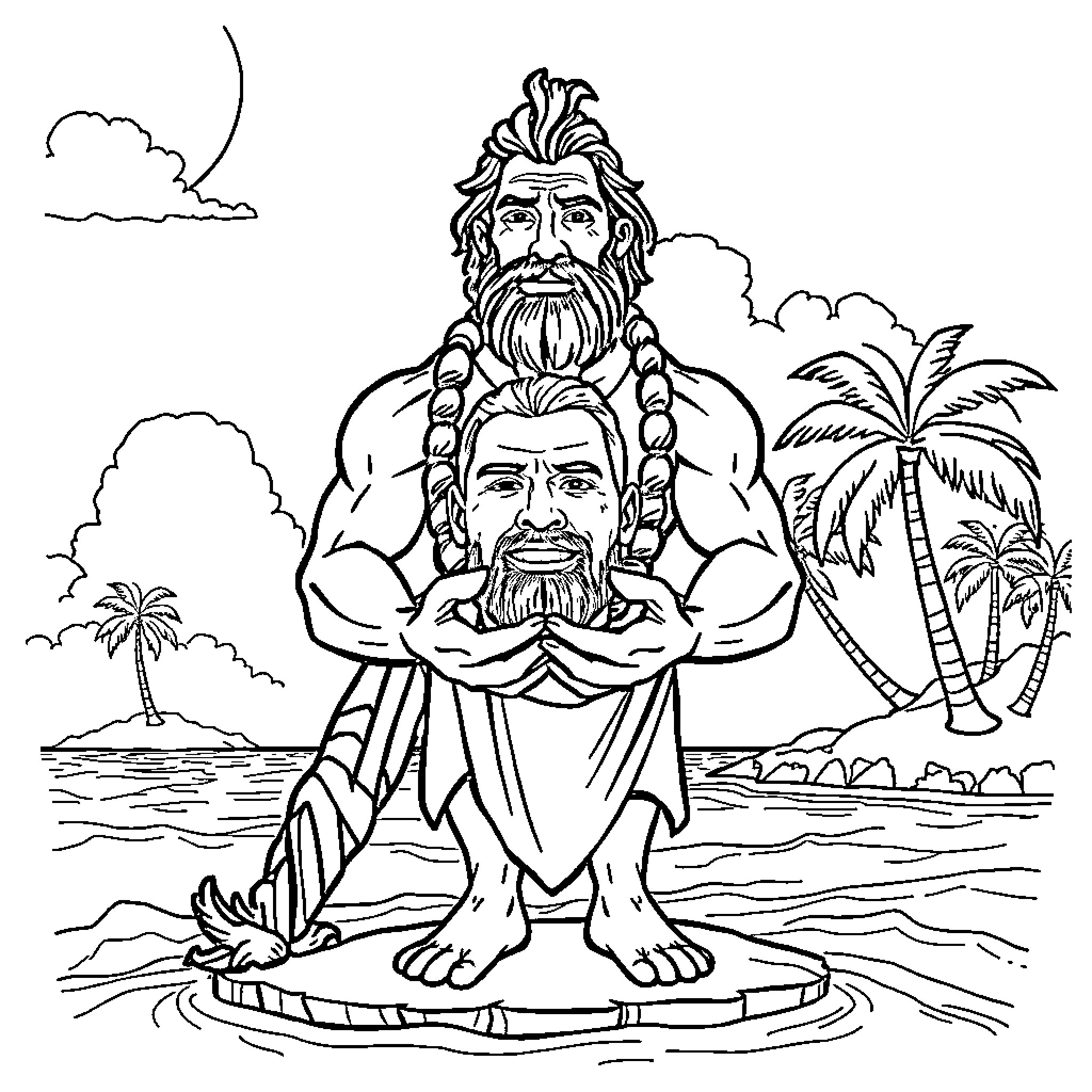Aesop's Fables: Muscular Men in Tropical Setting Coloring Page (free black-and-white line drawing printable PDF for all, from beginners to advanced learners, including children, teens, adults, and seniors)