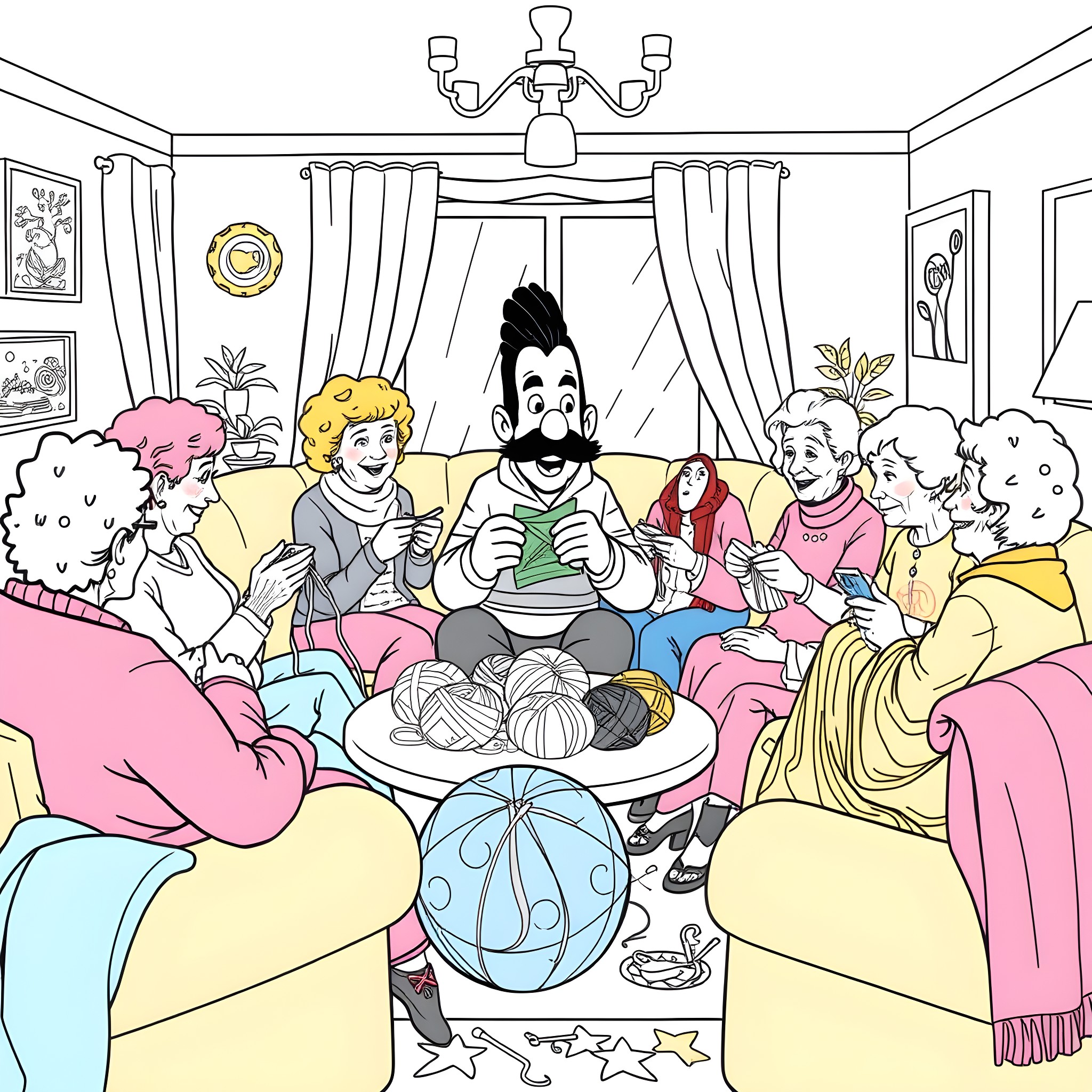 Borat's Unusual Family Gathering Coloring Page (free black-and-white line drawing printable PDF for all, from beginners to advanced learners, including children, teens, adults, and seniors)