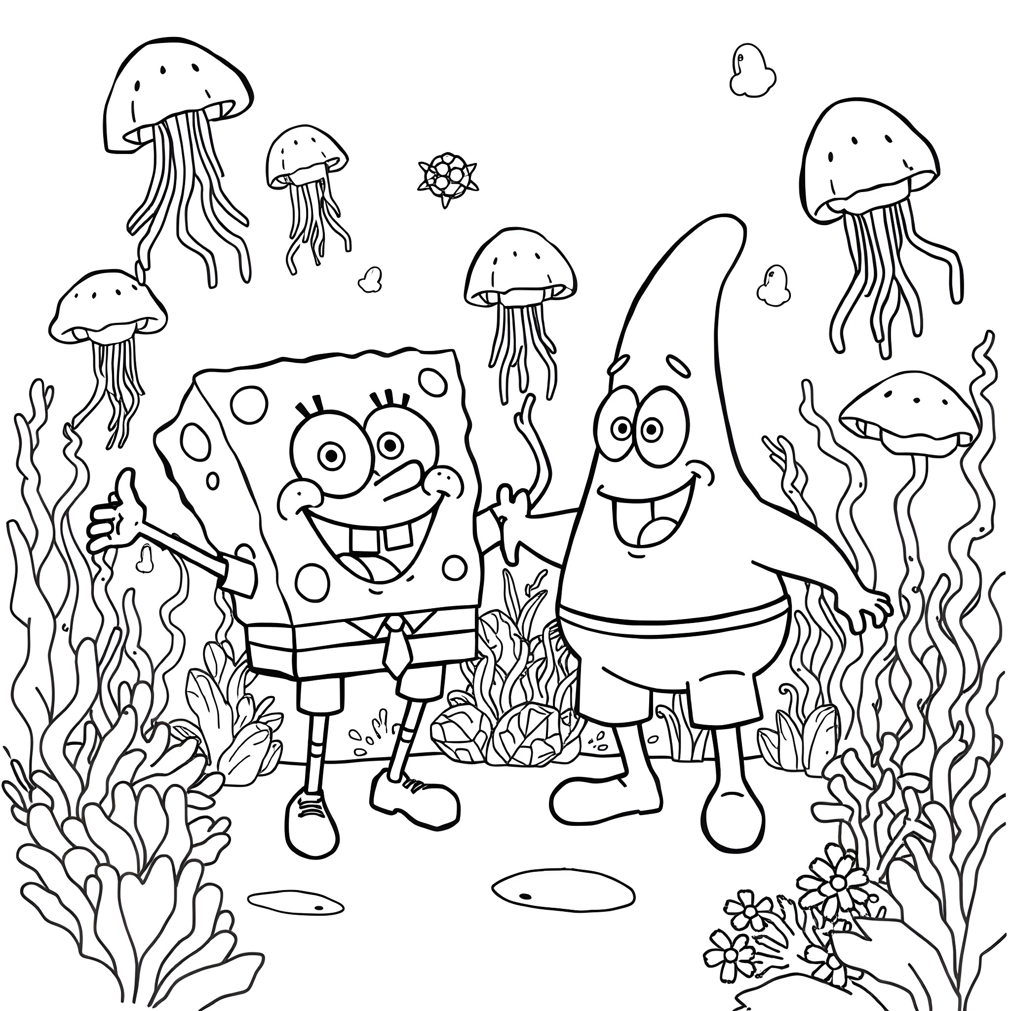 Spongebob and Patrick in the underwater world Coloring Page (free black-and-white line drawing printable PDF for all, from beginners to advanced learners, including children, teens, adults, and seniors)
