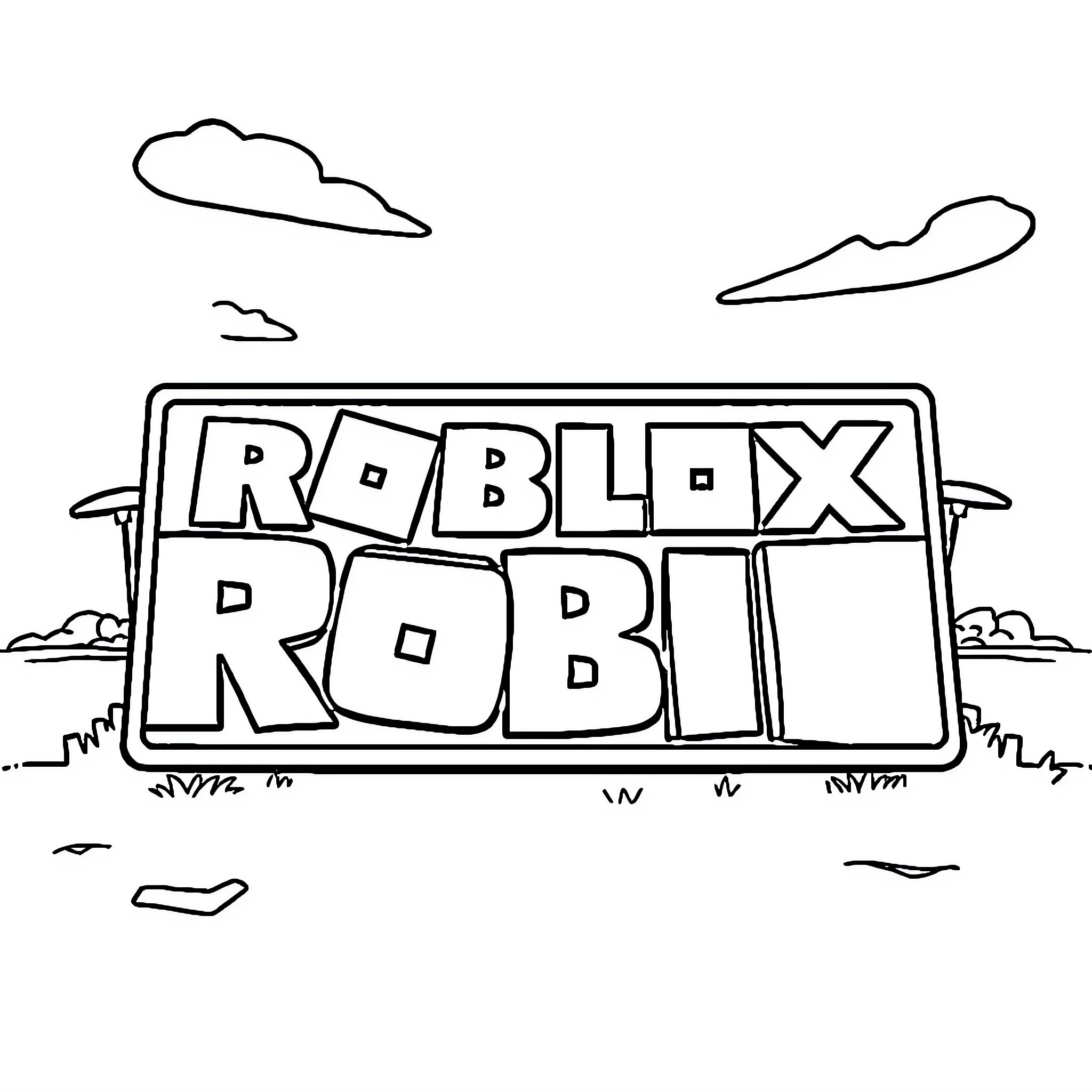 Roblox logo in scenic landscape Coloring Page (free black-and-white line drawing printable PDF for all, from beginners to advanced learners, including children, teens, adults, and seniors)