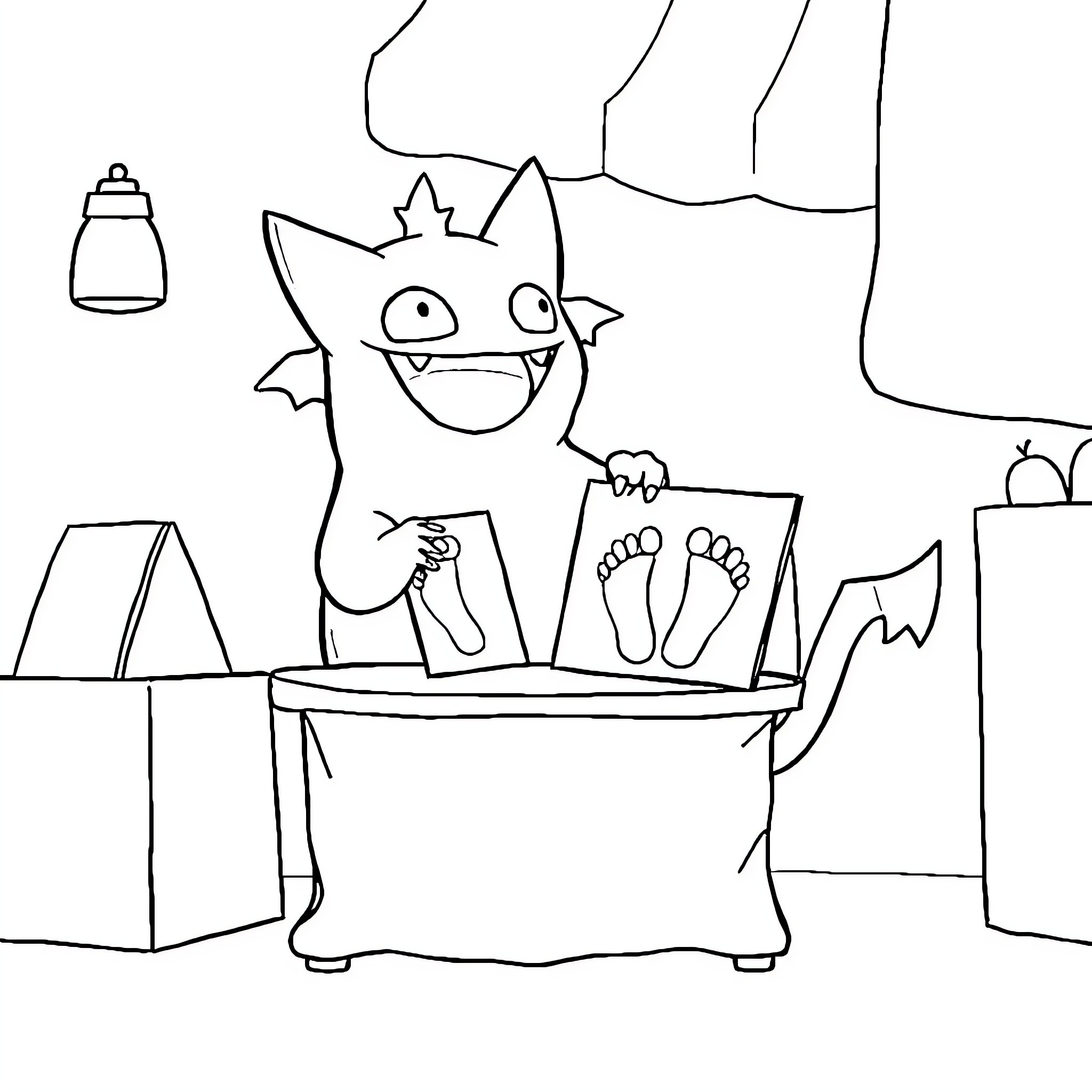 Gengar selling spooky merchandise Coloring Page (free black-and-white line drawing printable PDF for all, from beginners to advanced learners, including children, teens, adults, and seniors)