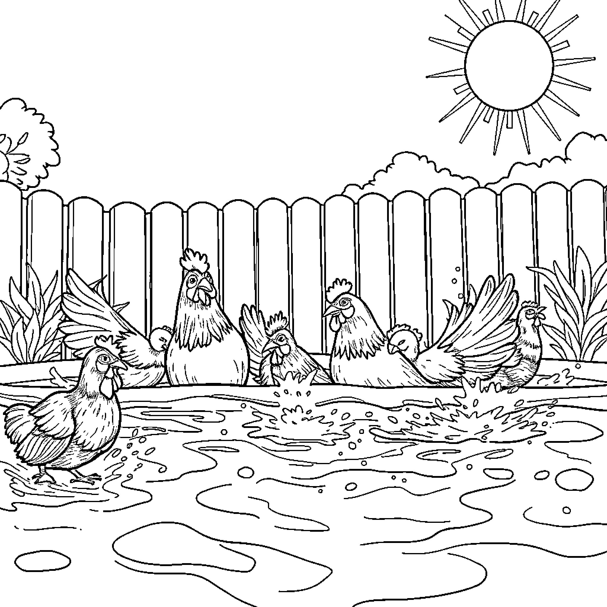 Chickens enjoying a sunny day in the yard Coloring Page (free black-and-white line drawing printable PDF for all, from beginners to advanced learners, including children, teens, adults, and seniors)