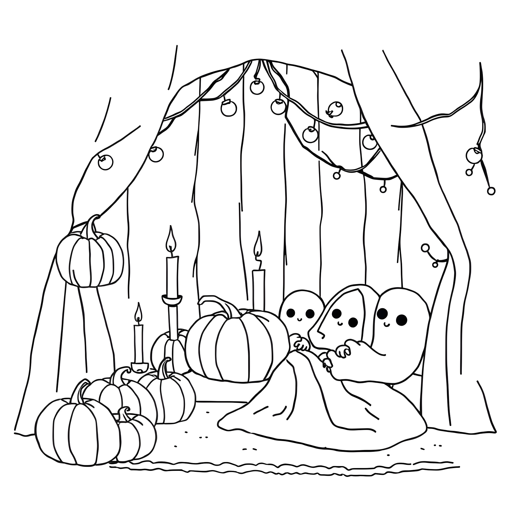 Hygge Halloween Spirits and Pumpkins Coloring Page (free black-and-white line drawing printable PDF for all, from beginners to advanced learners, including children, teens, adults, and seniors)