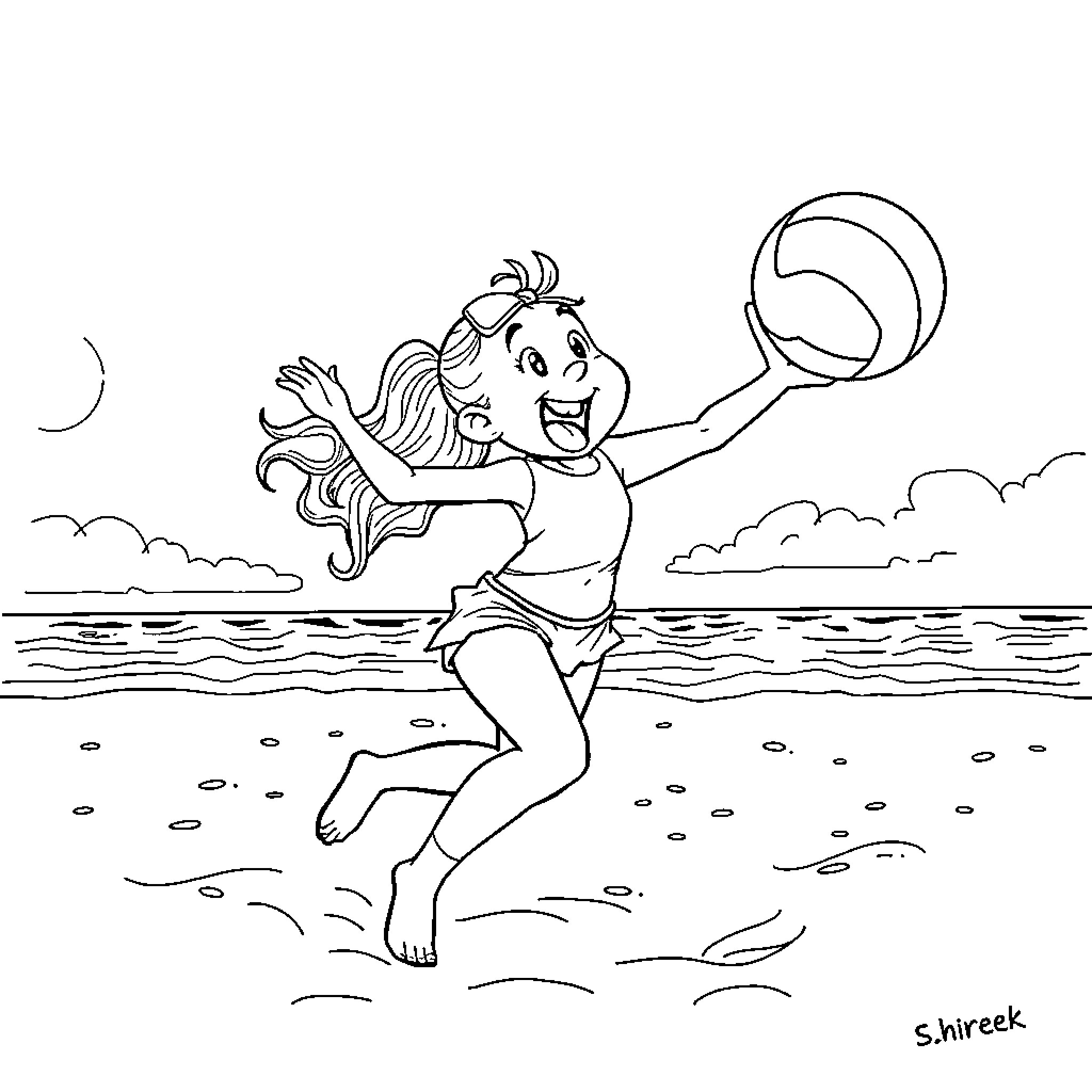 Shriek of joy on the beach Coloring Page (free black-and-white line drawing printable PDF for all, from beginners to advanced learners, including children, teens, adults, and seniors)