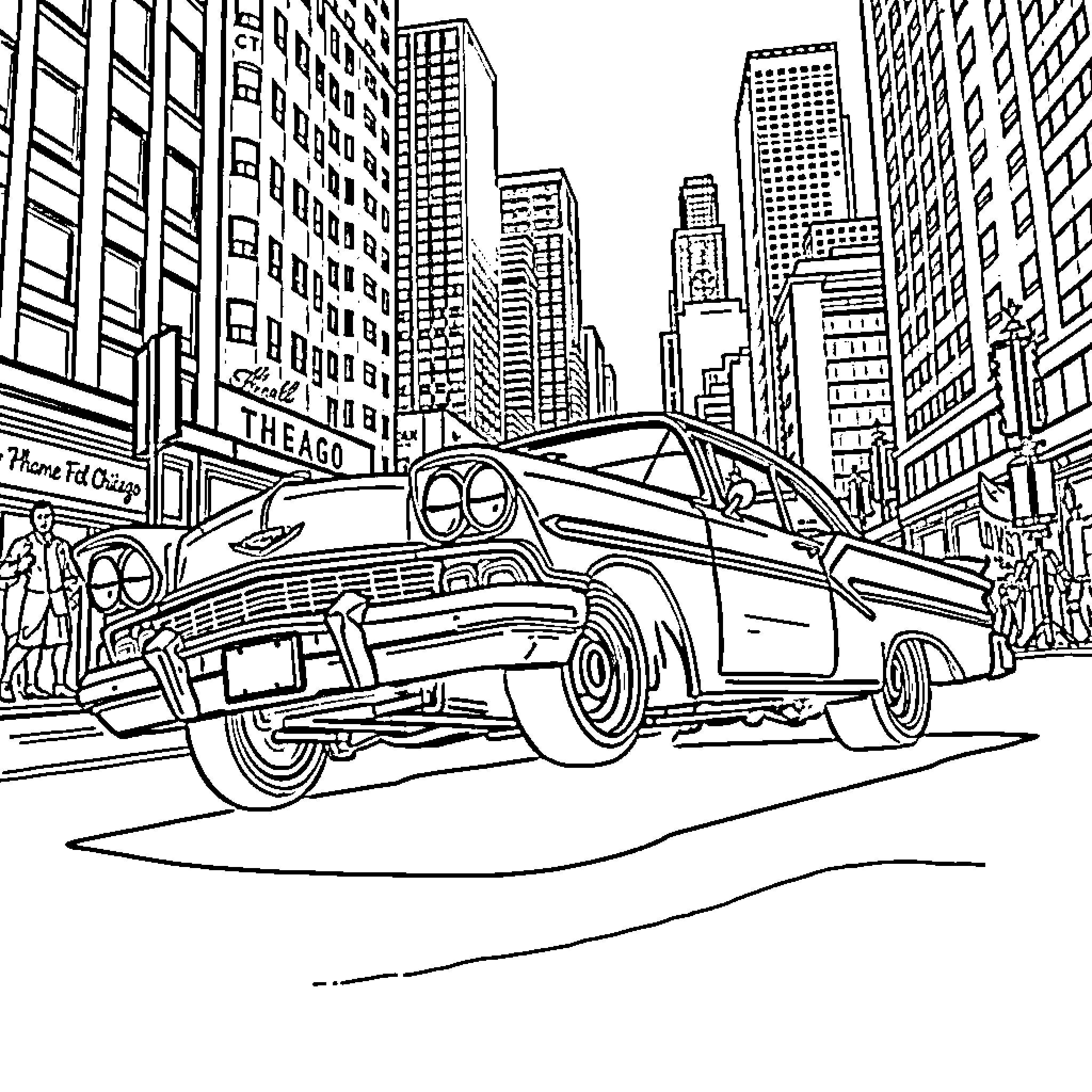 Lowrider car cruising through bustling city streets Coloring Page (free black-and-white line drawing printable PDF for all, from beginners to advanced learners, including children, teens, adults, and seniors)