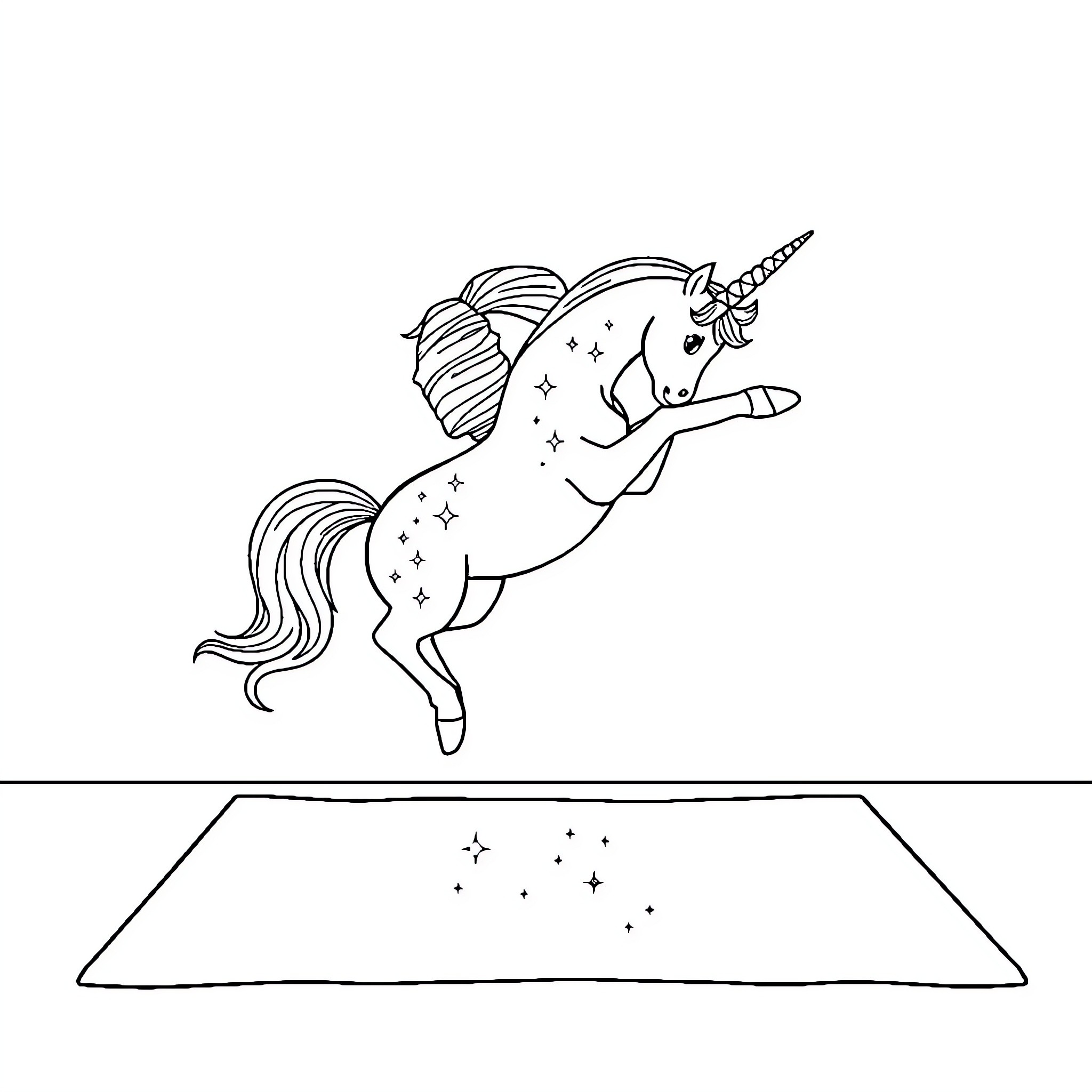 Unicorn leaping in the air with joy Coloring Page (free black-and-white line drawing printable PDF for all, from beginners to advanced learners, including children, teens, adults, and seniors)