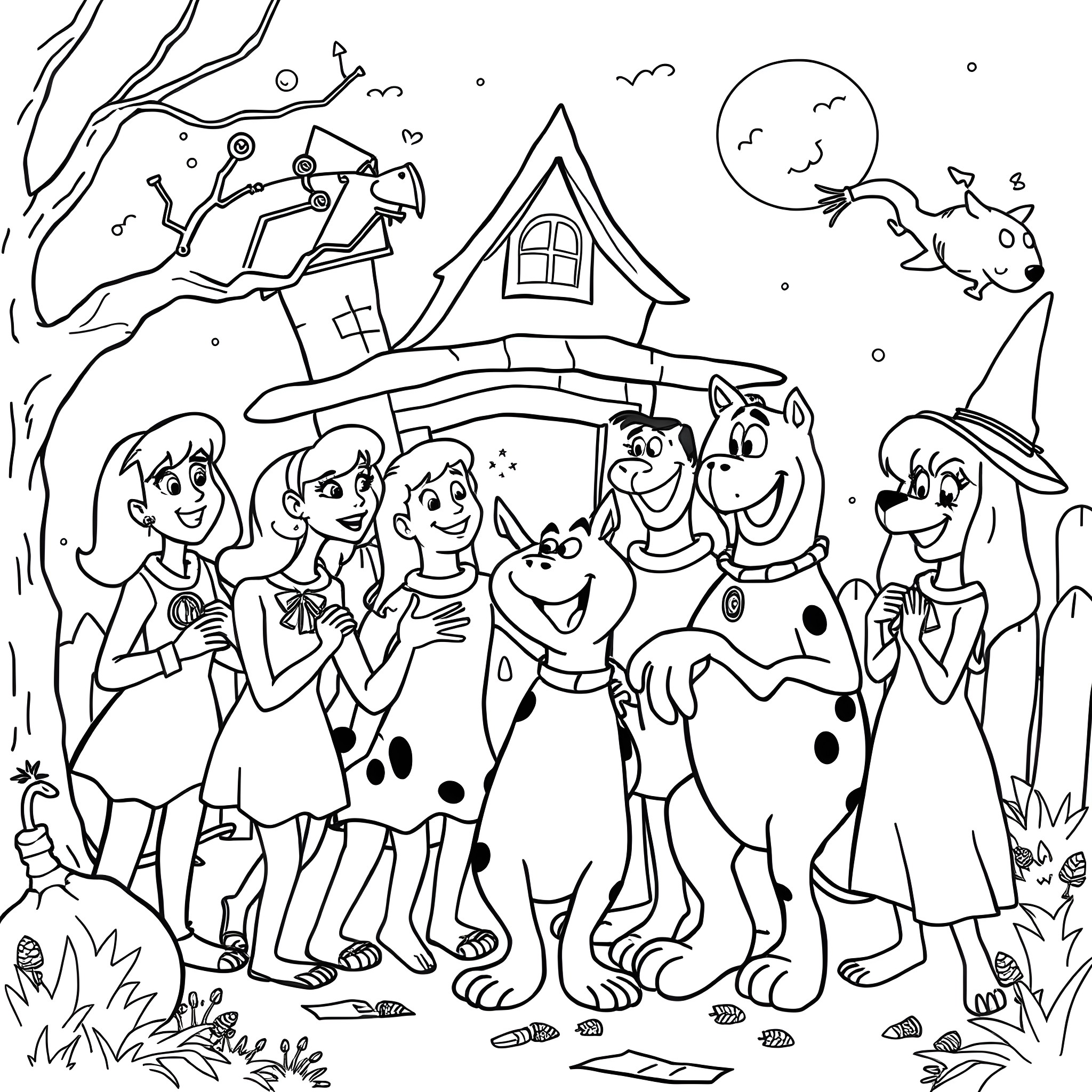 Scooby Gang exploring a spooky haunted house Coloring Page (free black-and-white line drawing printable PDF for all, from beginners to advanced learners, including children, teens, adults, and seniors)