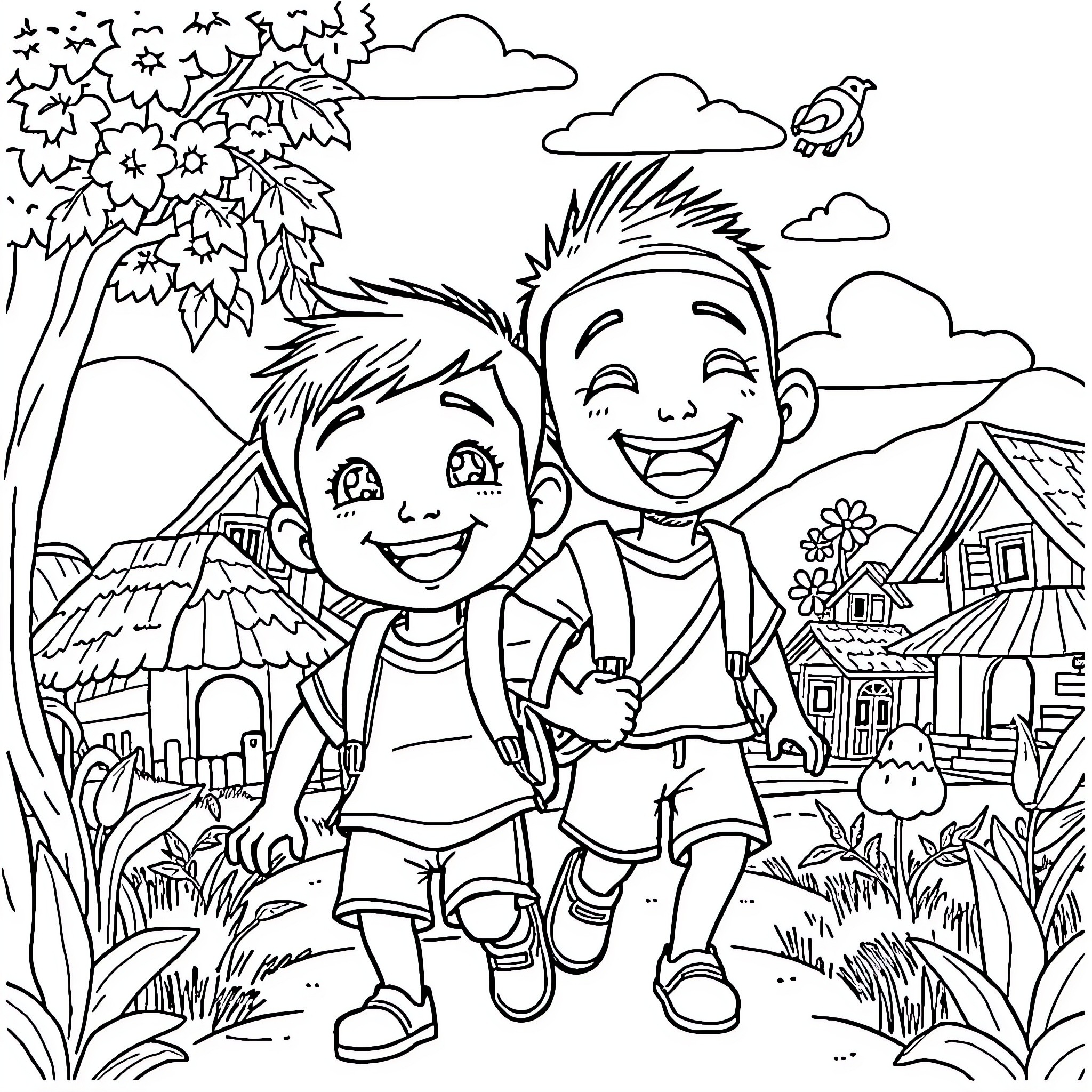 Upin Dan Ipin Explore the Vibrant Countryside Coloring Page (free black-and-white line drawing printable PDF for all, from beginners to advanced learners, including children, teens, adults, and seniors)