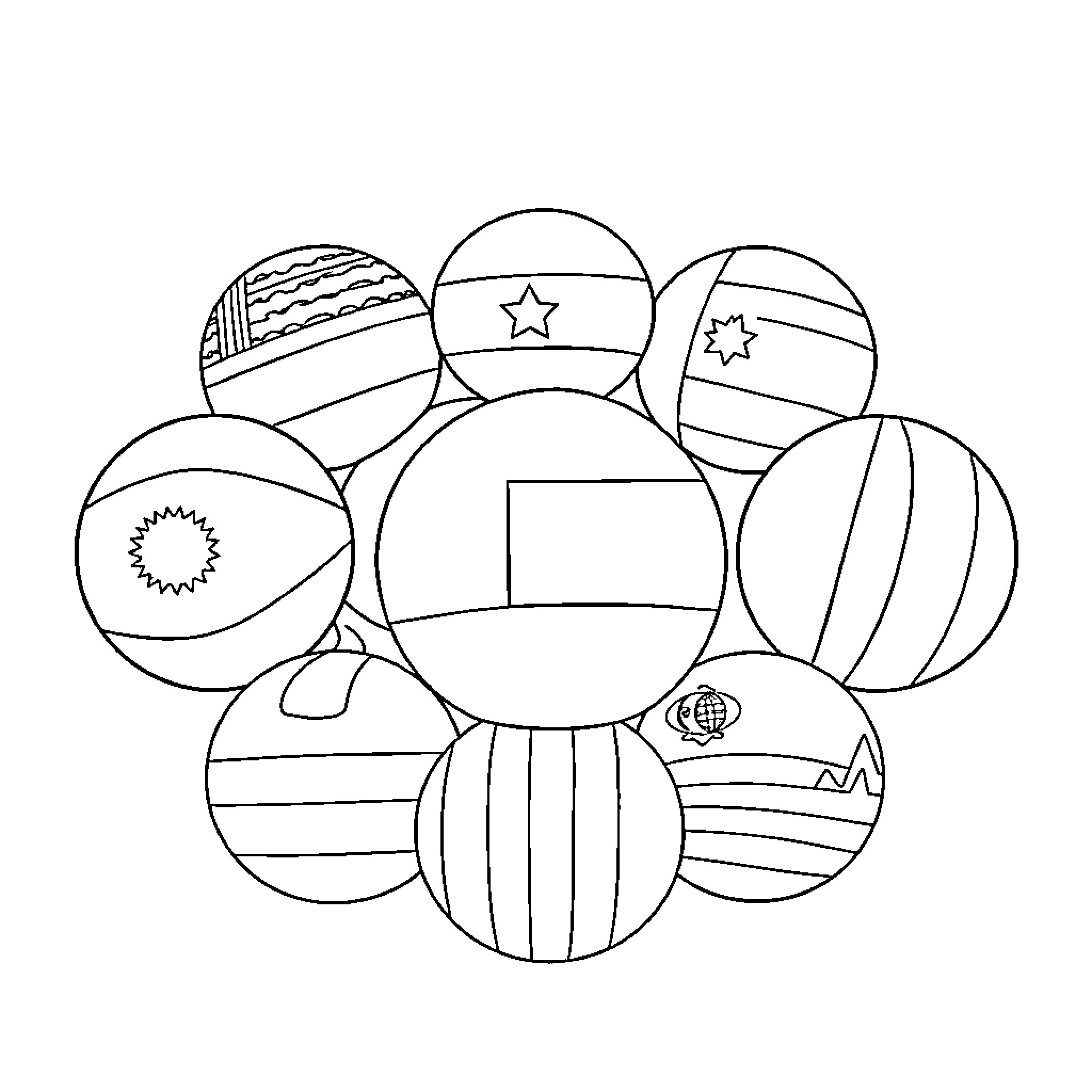Country Ball Characters with Diverse Patterns and Symbols Coloring Page (free black-and-white line drawing printable PDF for all, from beginners to advanced learners, including children, teens, adults, and seniors)
