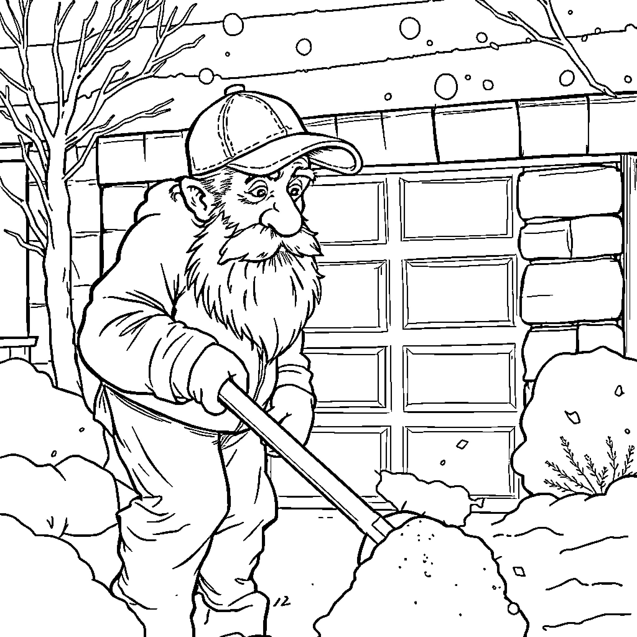 Man shoveling snow in the winter Coloring Page (free black-and-white line drawing printable PDF for all, from beginners to advanced learners, including children, teens, adults, and seniors)