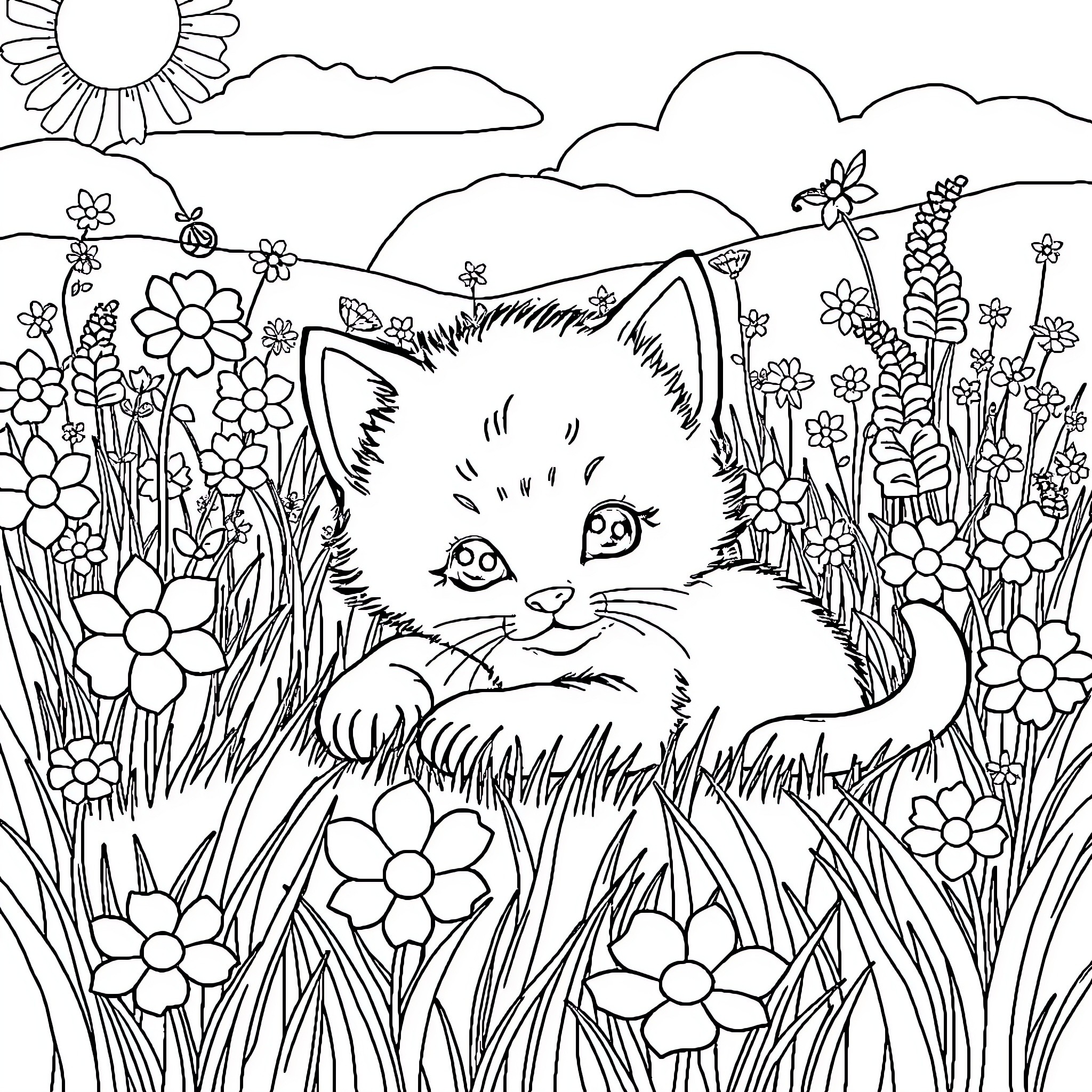 Kitten relaxing in a flower-filled meadow Coloring Page (free black-and-white line drawing printable PDF for all, from beginners to advanced learners, including children, teens, adults, and seniors)
