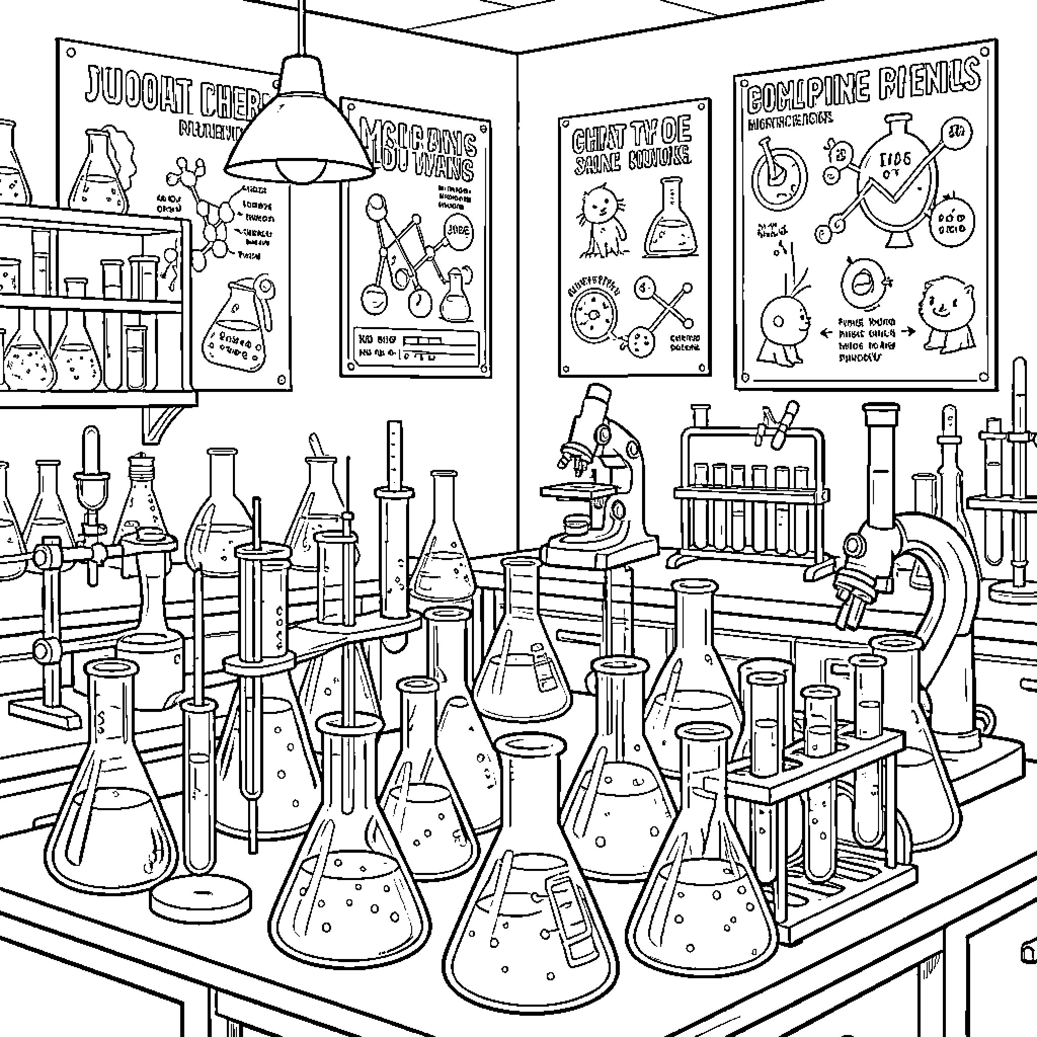 Chemistry Lab Filled with Scientific Equipment and Posters Coloring Page (free black-and-white line drawing printable PDF for all, from beginners to advanced learners, including children, teens, adults, and seniors)