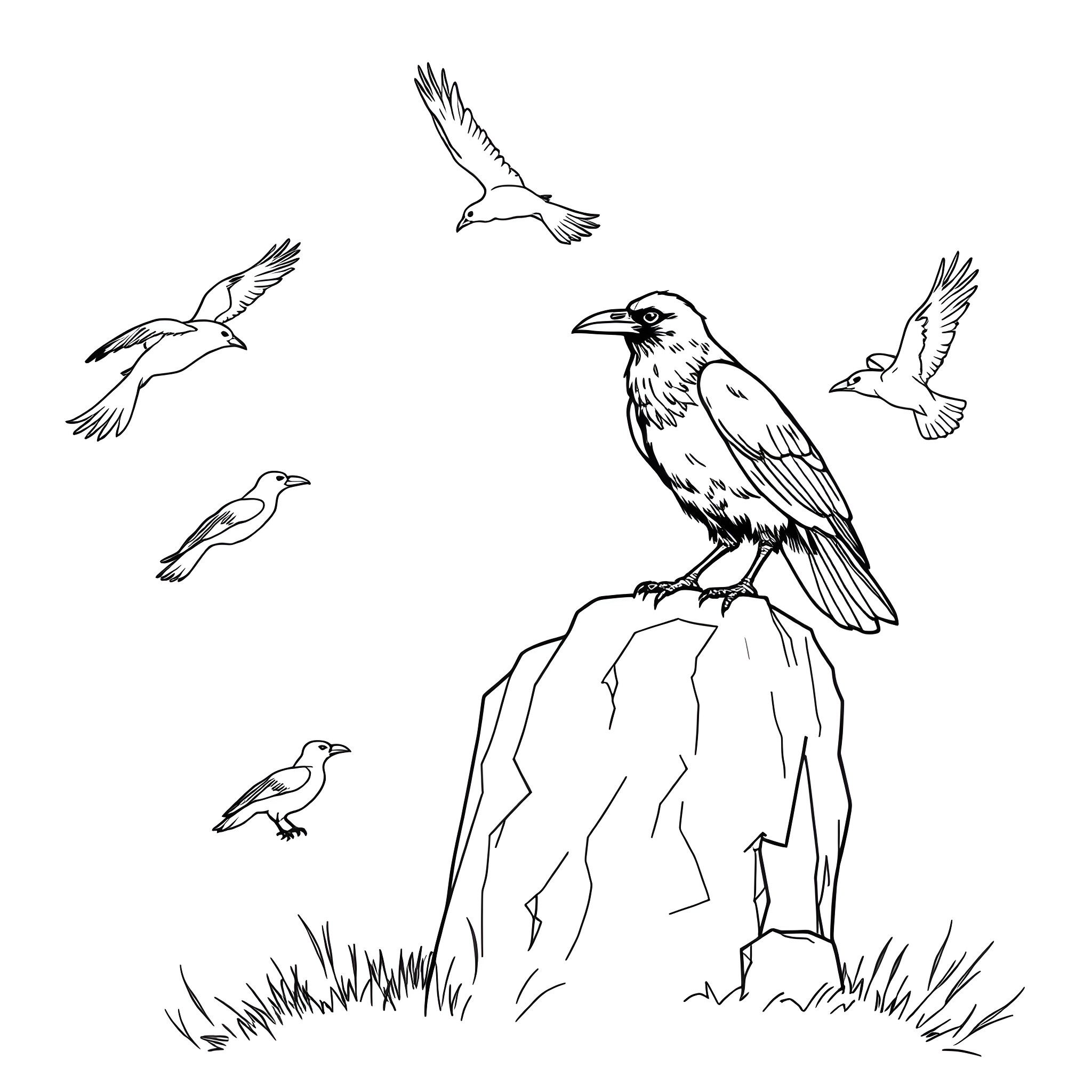 Raven's Flock in Flight Coloring Page (free black-and-white line drawing printable PDF for all, from beginners to advanced learners, including children, teens, adults, and seniors)