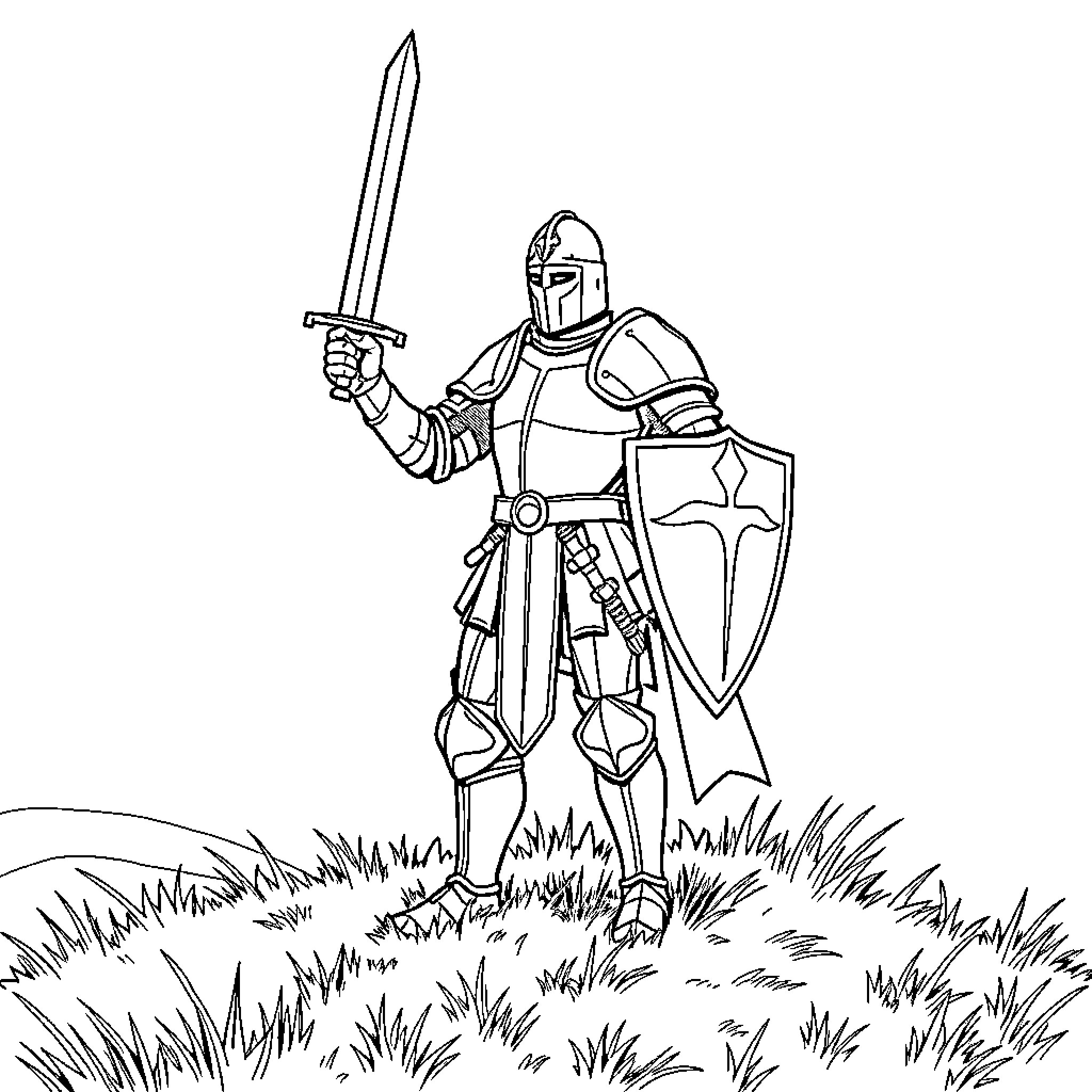 Knight Wielding Sword and Shield in Grassy Field Coloring Page (free black-and-white line drawing printable PDF for all, from beginners to advanced learners, including children, teens, adults, and seniors)