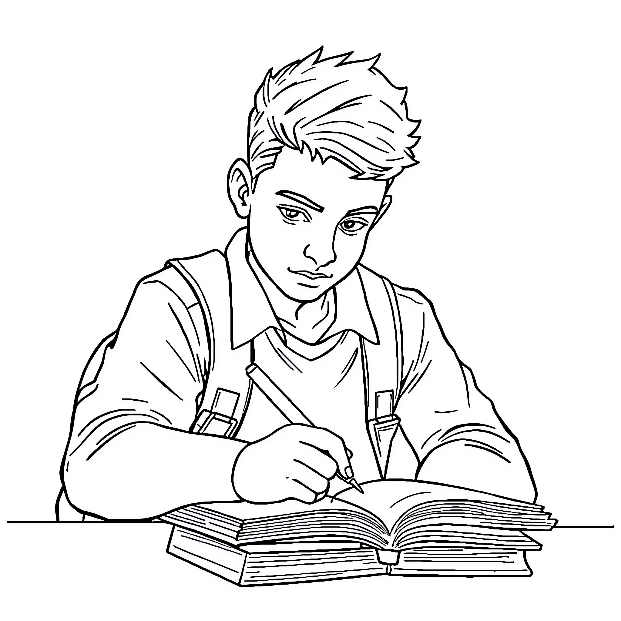 Student Diligently Studying Books at Desk Coloring Page (free black-and-white line drawing printable PDF for all, from beginners to advanced learners, including children, teens, adults, and seniors)