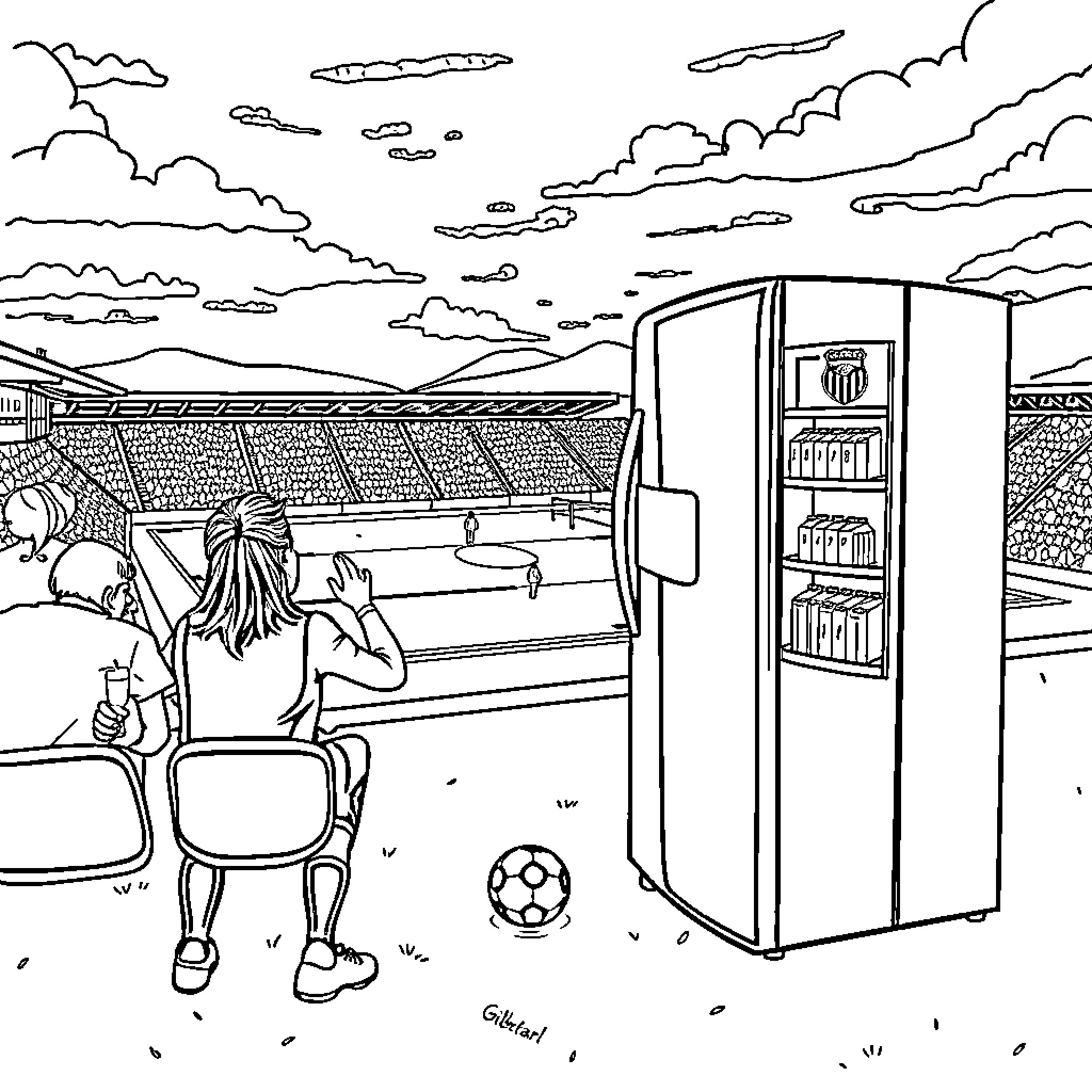 Fridge in the Stadium Coloring Page (free black-and-white line drawing printable PDF for all, from beginners to advanced learners, including children, teens, adults, and seniors)