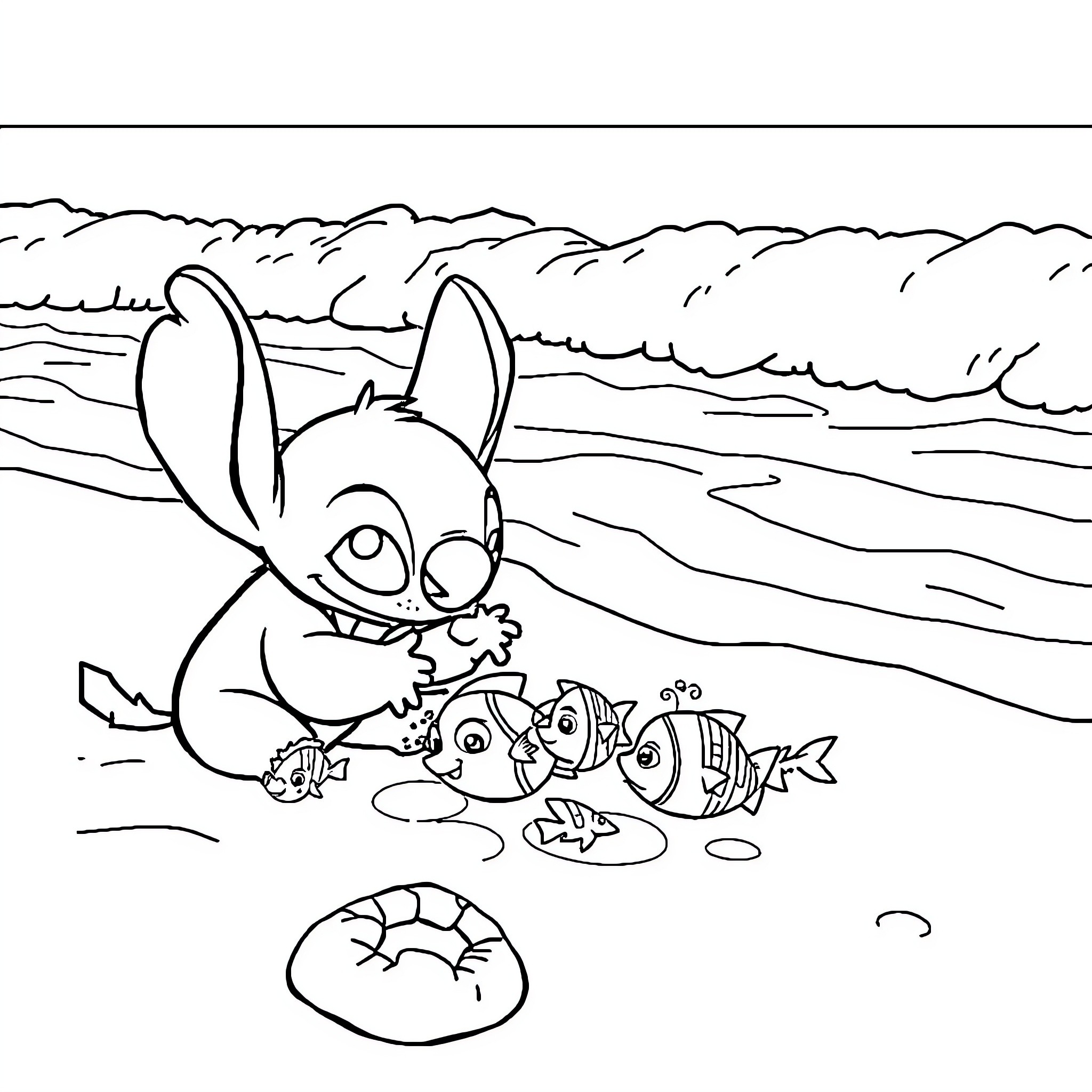 Stitch exploring the beach with sea creatures Coloring Page (free black-and-white line drawing printable PDF for all, from beginners to advanced learners, including children, teens, adults, and seniors)