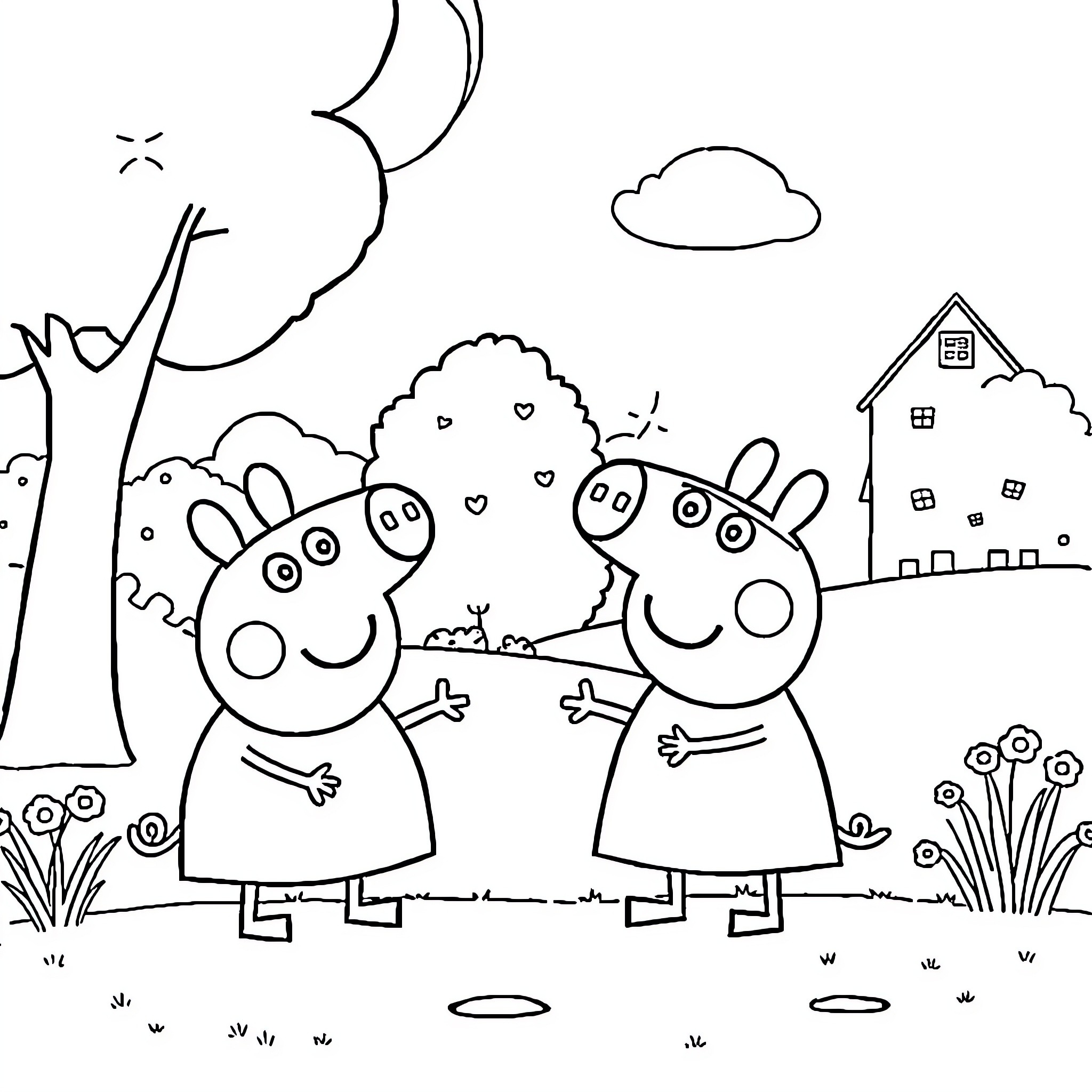 Bluey's outdoor adventure with friends Coloring Page (free black-and-white line drawing printable PDF for all, from beginners to advanced learners, including children, teens, adults, and seniors)