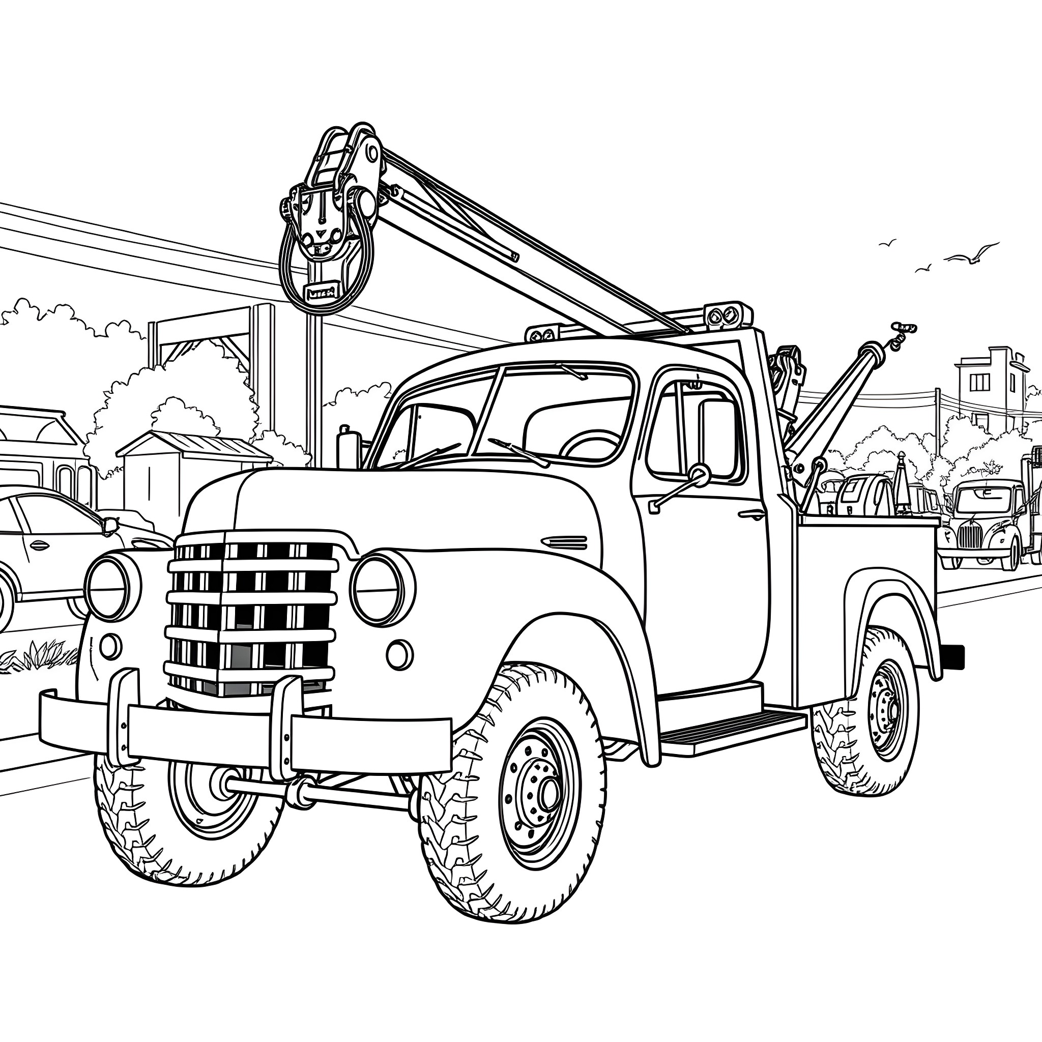 Tow Truck on the Road with Cityscape Coloring Page (free black-and-white line drawing printable PDF for all, from beginners to advanced learners, including children, teens, adults, and seniors)