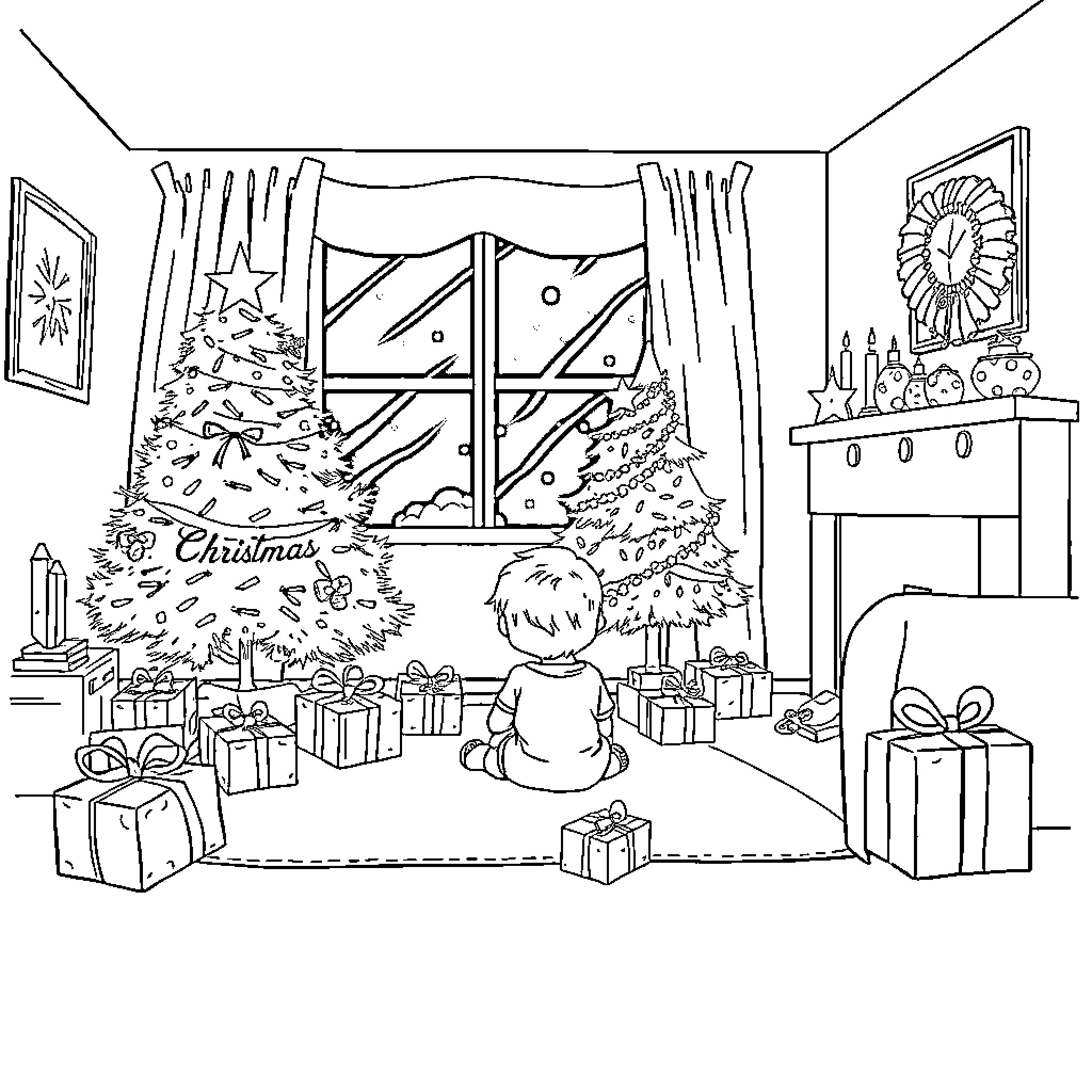 Home Christmas Scene with Decorated Tree and Gifts Coloring Page (free black-and-white line drawing printable PDF for all, from beginners to advanced learners, including children, teens, adults, and seniors)