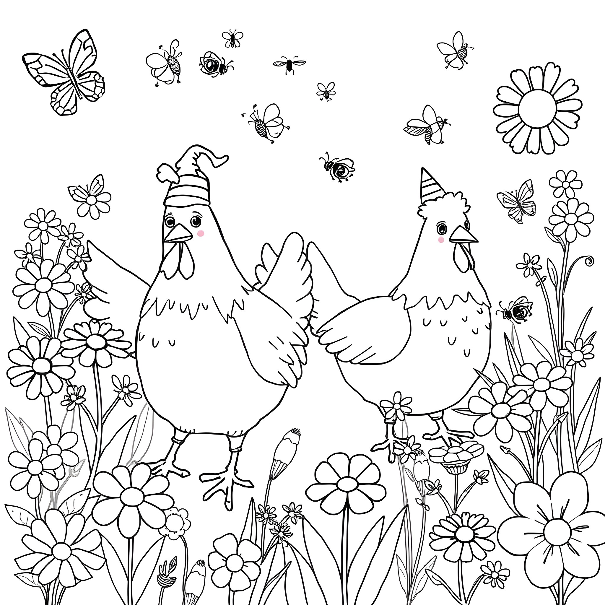Chicken and friends in a floral garden Coloring Page (free black-and-white line drawing printable PDF for all, from beginners to advanced learners, including children, teens, adults, and seniors)