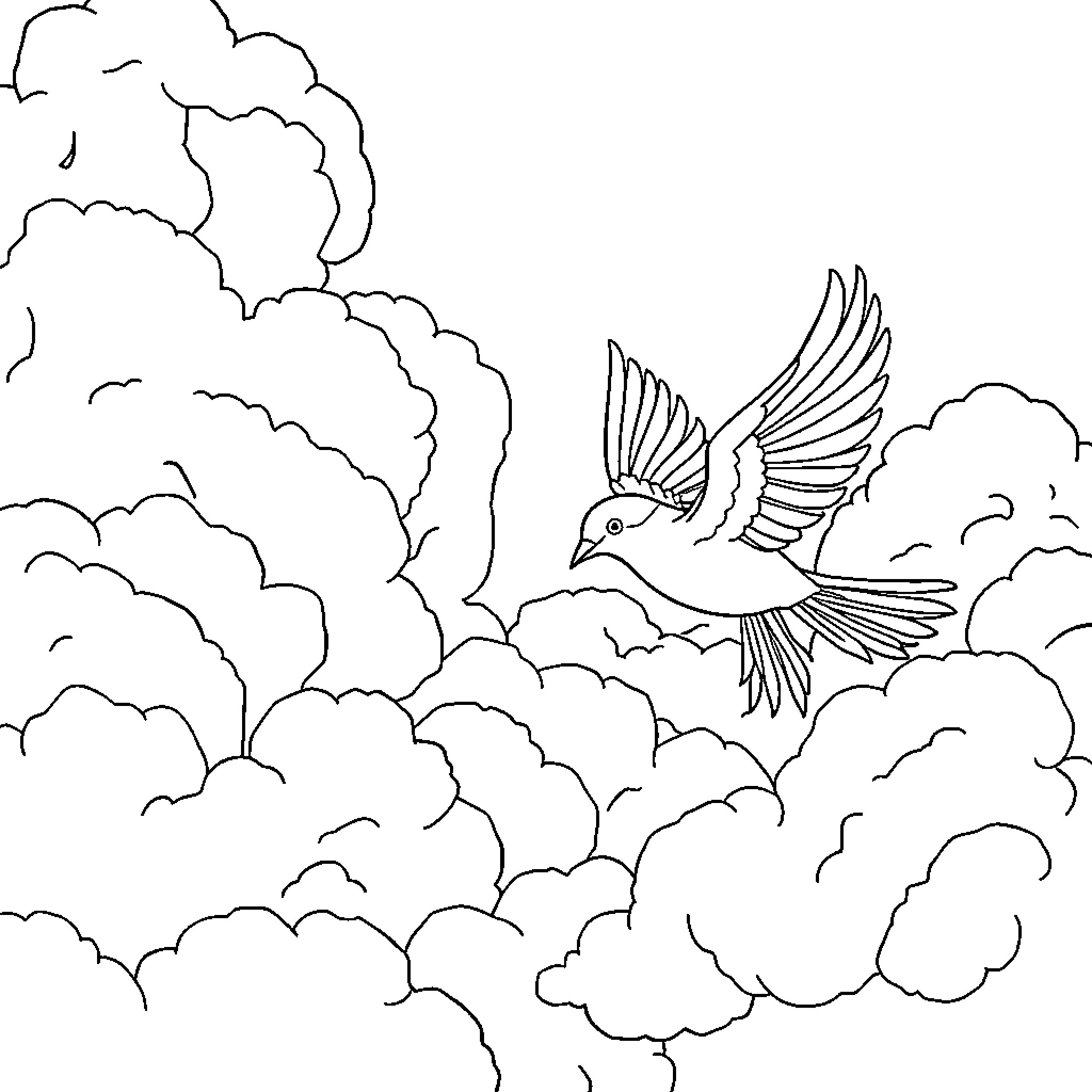 Bird soaring through the cloudy sky Coloring Page (free black-and-white line drawing printable PDF for all, from beginners to advanced learners, including children, teens, adults, and seniors)