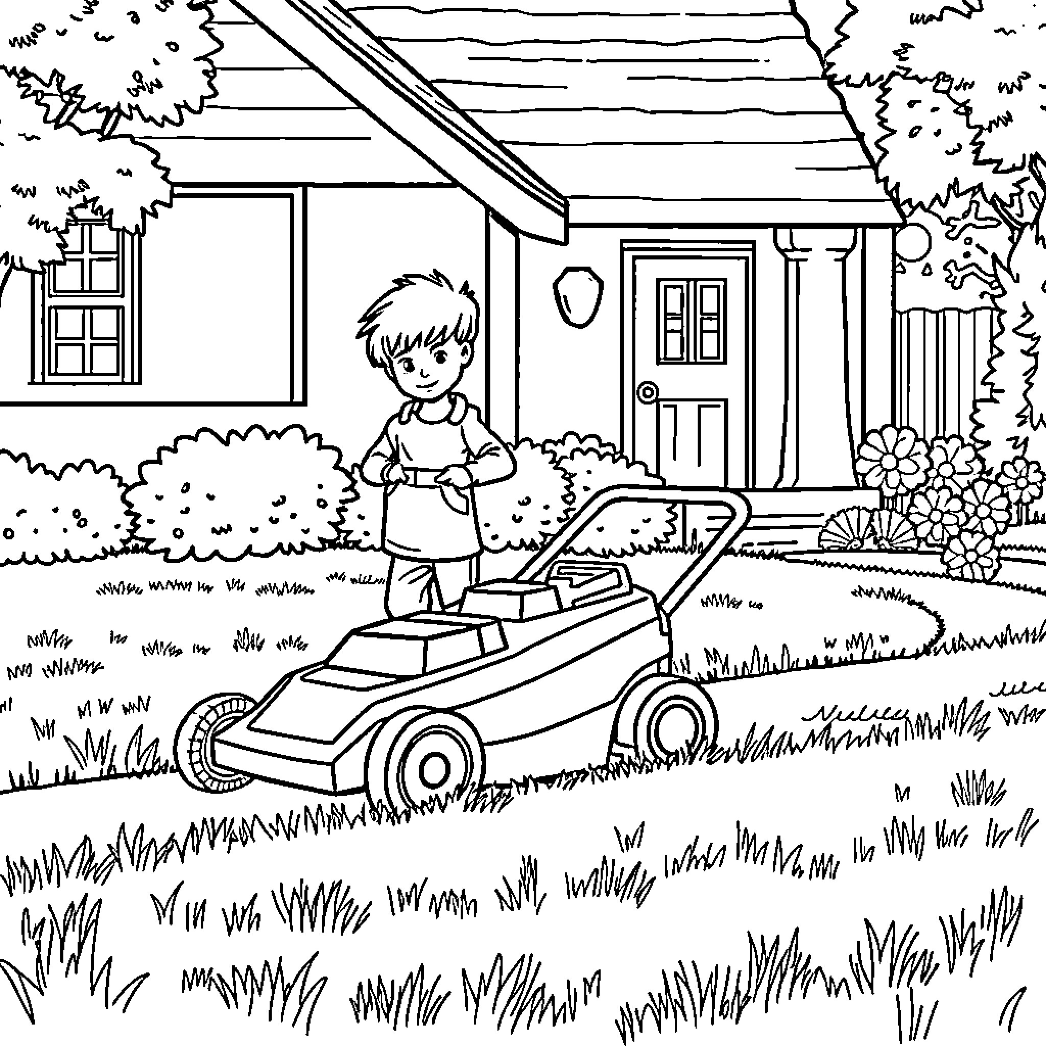 Boy mowing the lawn in front of his house Coloring Page (free black-and-white line drawing printable PDF for all, from beginners to advanced learners, including children, teens, adults, and seniors)