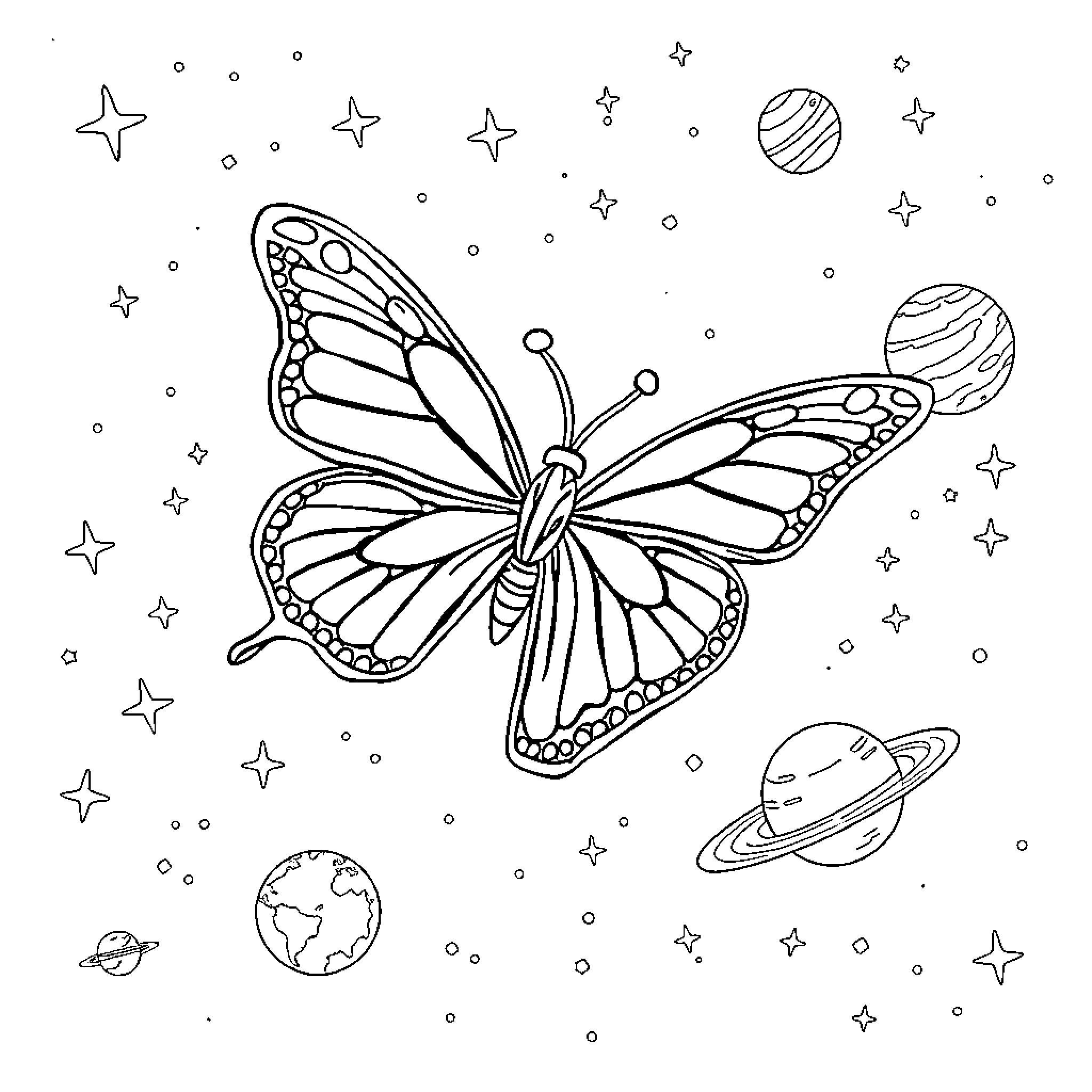Butterfly flying among the stars Coloring Page (free black-and-white line drawing printable PDF for all, from beginners to advanced learners, including children, teens, adults, and seniors)