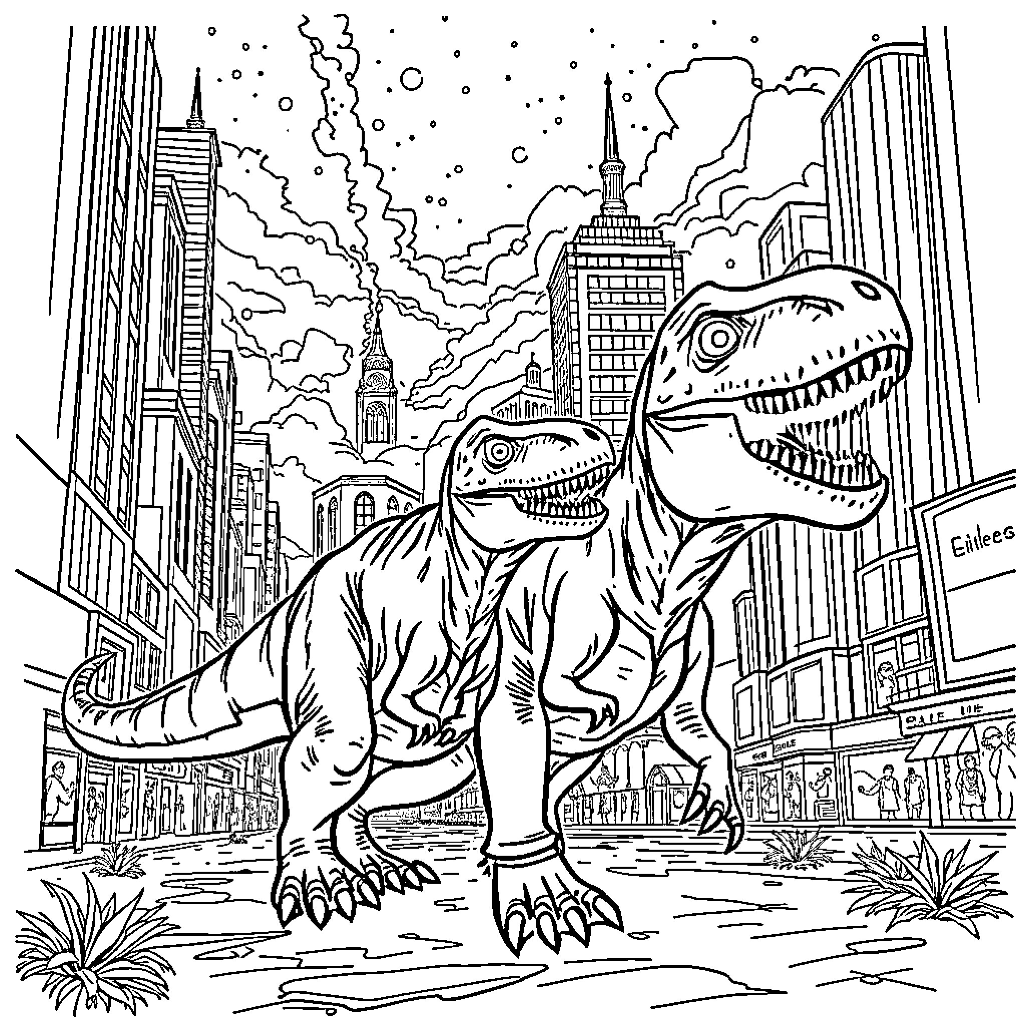 Tyrannosaurus Dinosaurs Roaming in Cityscape Coloring Page (free black-and-white line drawing printable PDF for all, from beginners to advanced learners, including children, teens, adults, and seniors)