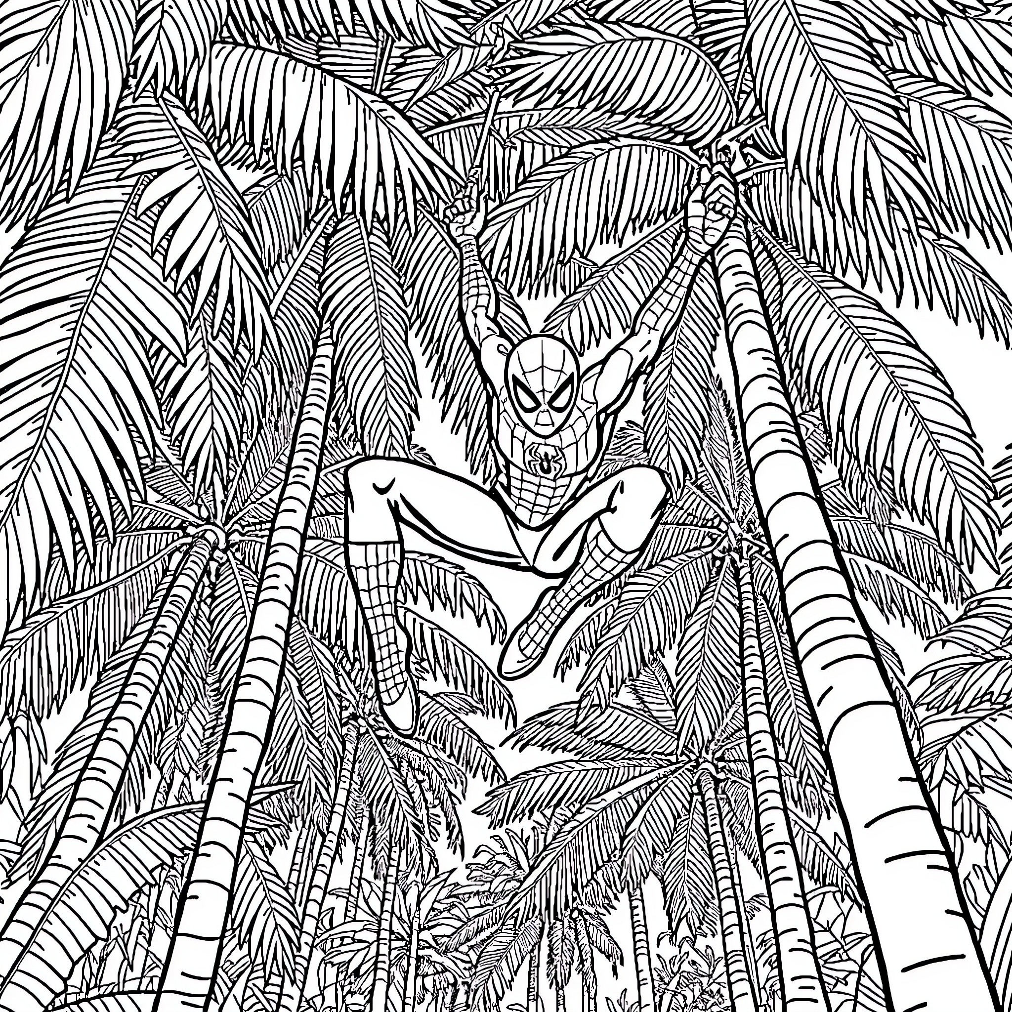 Spiderman swinging through the jungle canopy Coloring Page (free black-and-white line drawing printable PDF for all, from beginners to advanced learners, including children, teens, adults, and seniors)