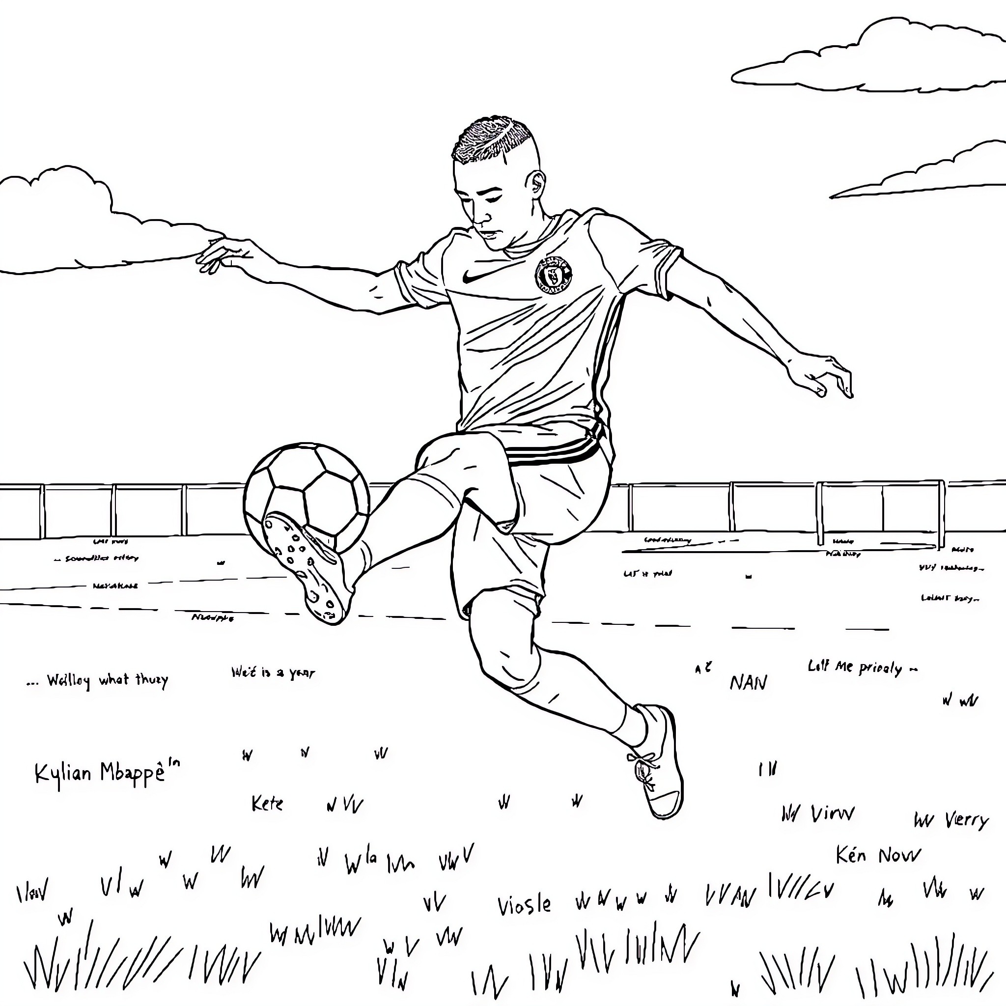 Kylian Mbappe kicking a soccer ball on the field Coloring Page (free black-and-white line drawing printable PDF for all, from beginners to advanced learners, including children, teens, adults, and seniors)
