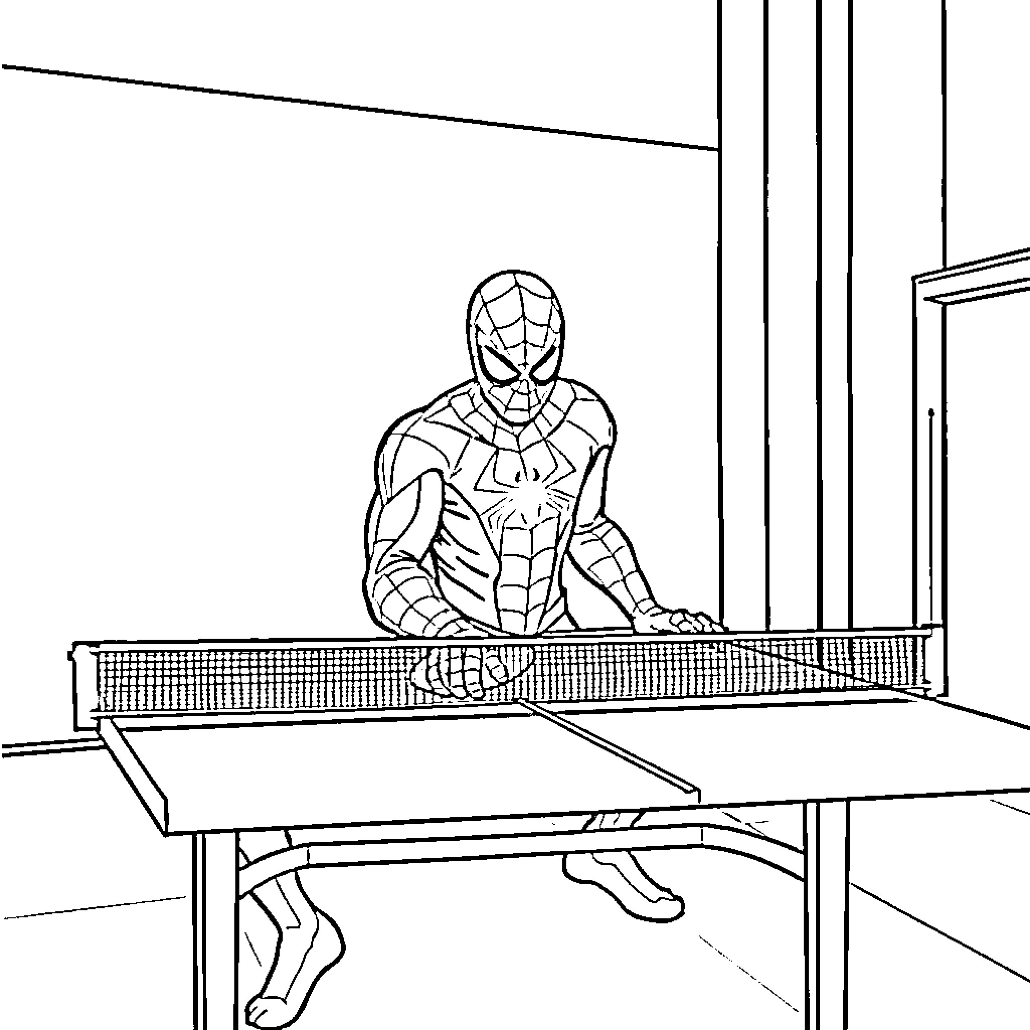 Spiderman playing table tennis in an indoor setting Coloring Page (free black-and-white line drawing printable PDF for all, from beginners to advanced learners, including children, teens, adults, and seniors)