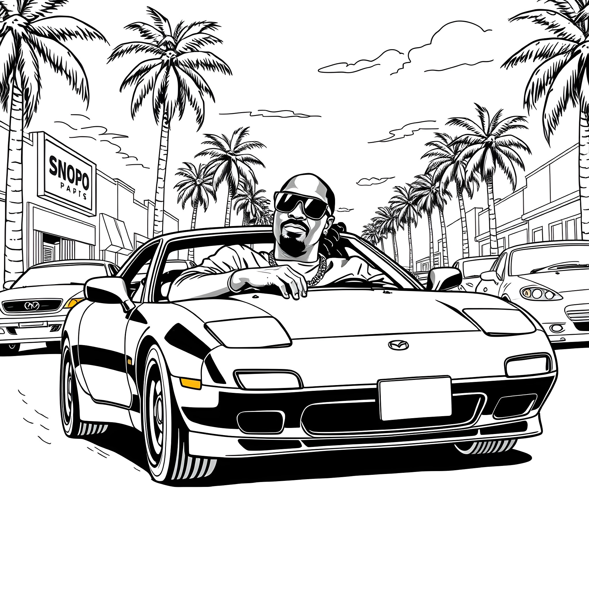 Snoop Dogg cruising in his sports car on a sunny day Coloring Page (free black-and-white line drawing printable PDF for all, from beginners to advanced learners, including children, teens, adults, and seniors)