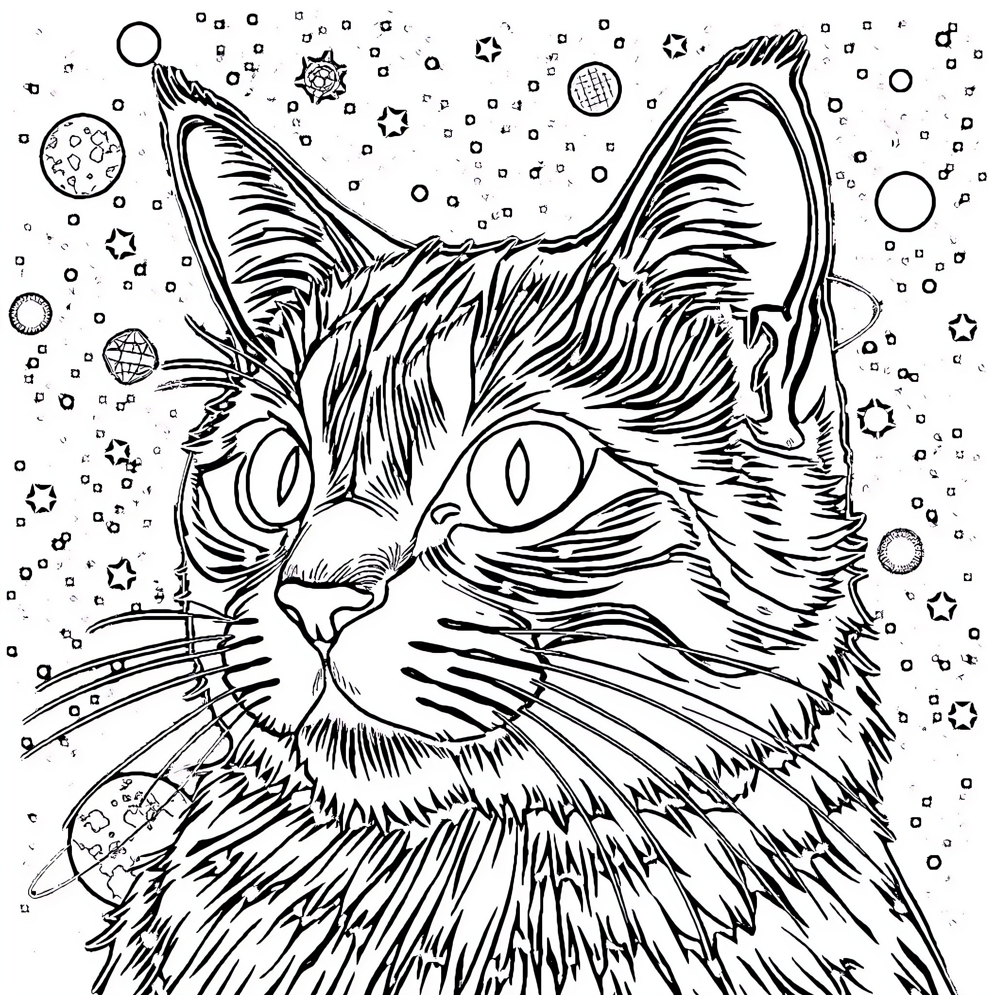 Cat surrounded by celestial elements Coloring Page (free black-and-white line drawing printable PDF for all, from beginners to advanced learners, including children, teens, adults, and seniors)