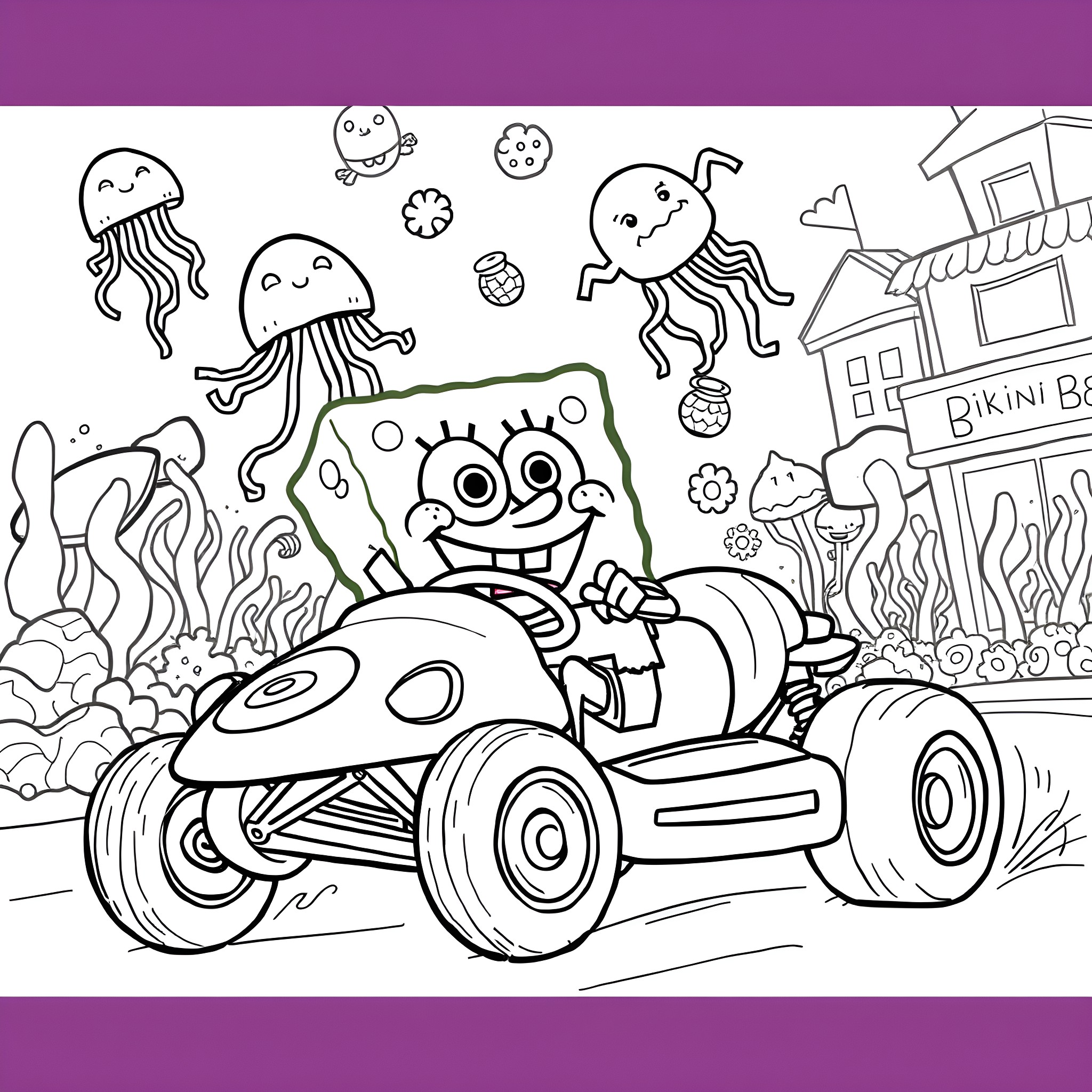 Spongebob driving his vehicle in the underwater town Coloring Page (free black-and-white line drawing printable PDF for all, from beginners to advanced learners, including children, teens, adults, and seniors)