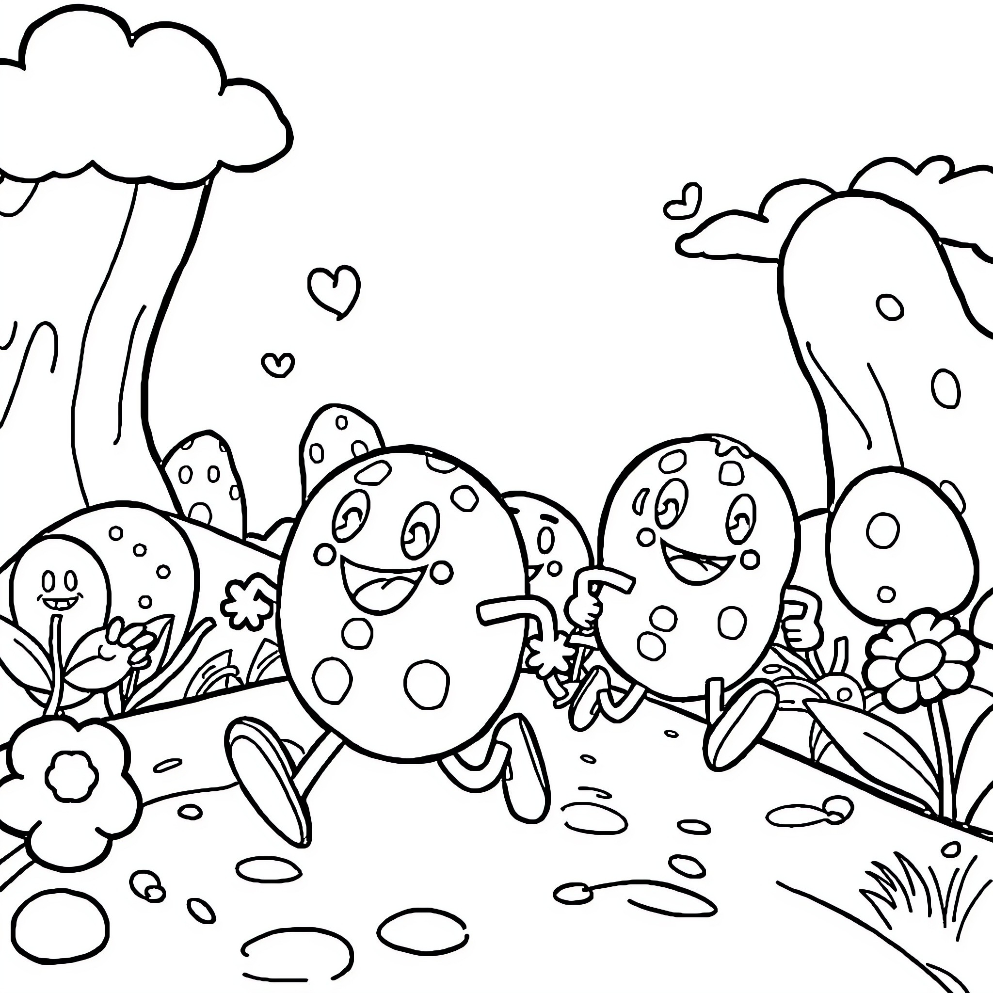 Cookie Run characters in a nature scene Coloring Page (free black-and-white line drawing printable PDF for all, from beginners to advanced learners, including children, teens, adults, and seniors)