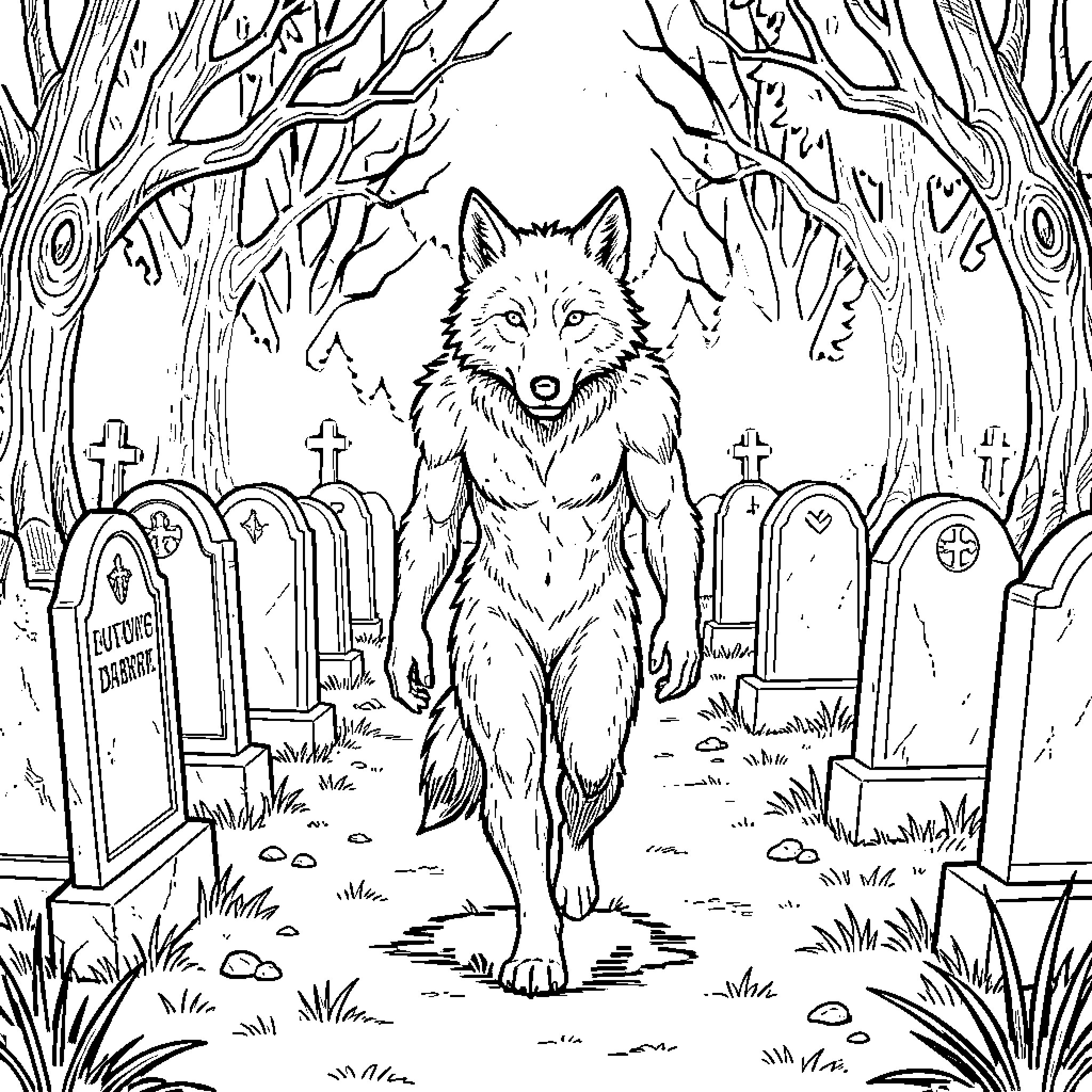 Werewolf walking through a spooky cemetery Coloring Page (free black-and-white line drawing printable PDF for all, from beginners to advanced learners, including children, teens, adults, and seniors)