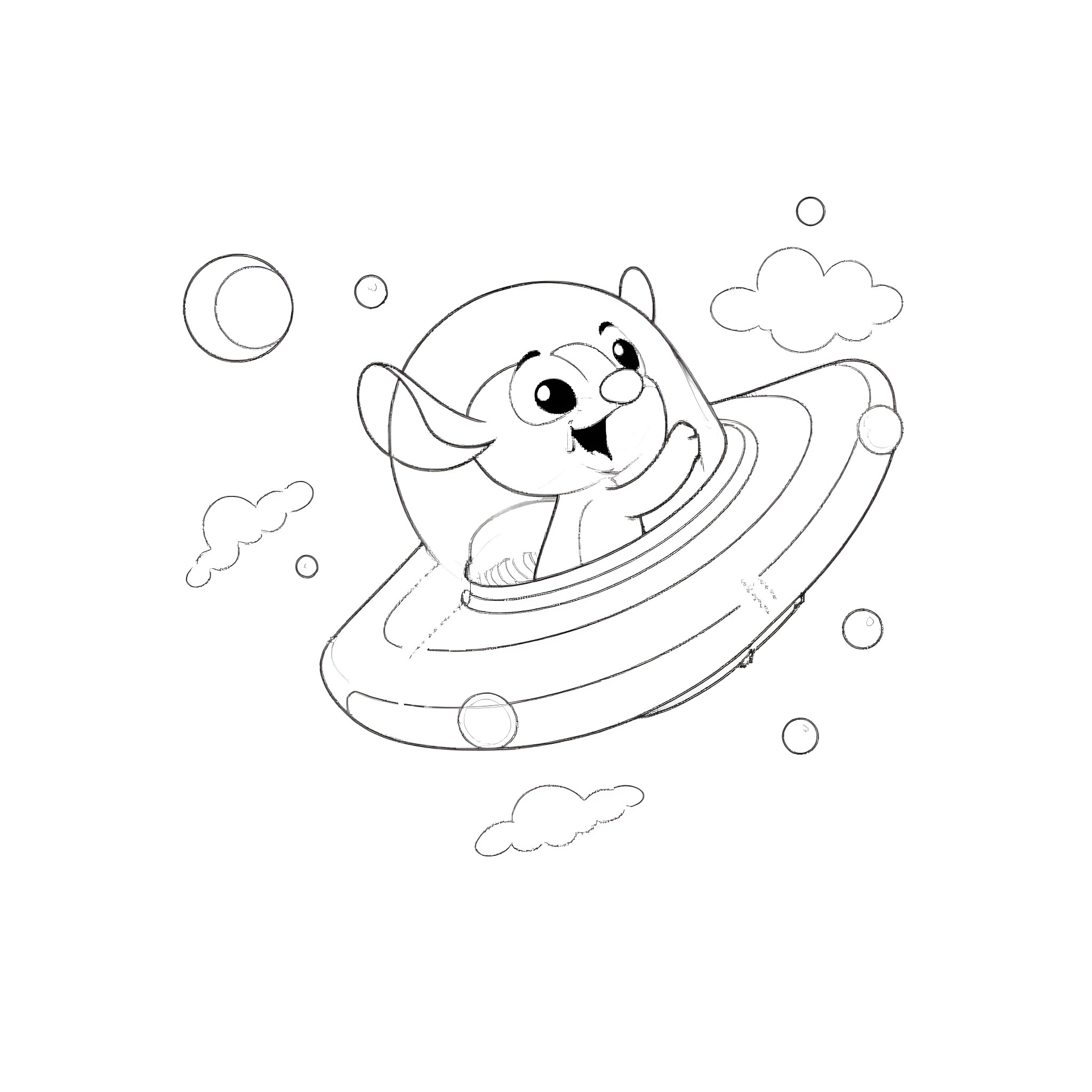 Stitch exploring the galaxy in a spaceship Coloring Page (free black-and-white line drawing printable PDF for all, from beginners to advanced learners, including children, teens, adults, and seniors)